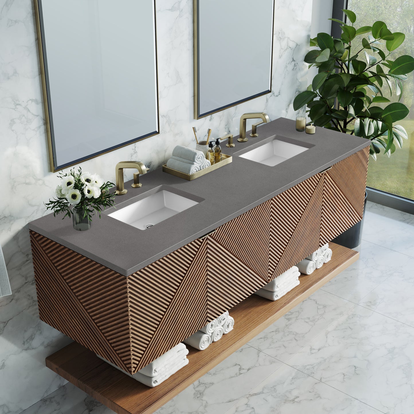 Marcello 72" Double Vanity, Chestnut w/ 3 CM Grey Expo Top