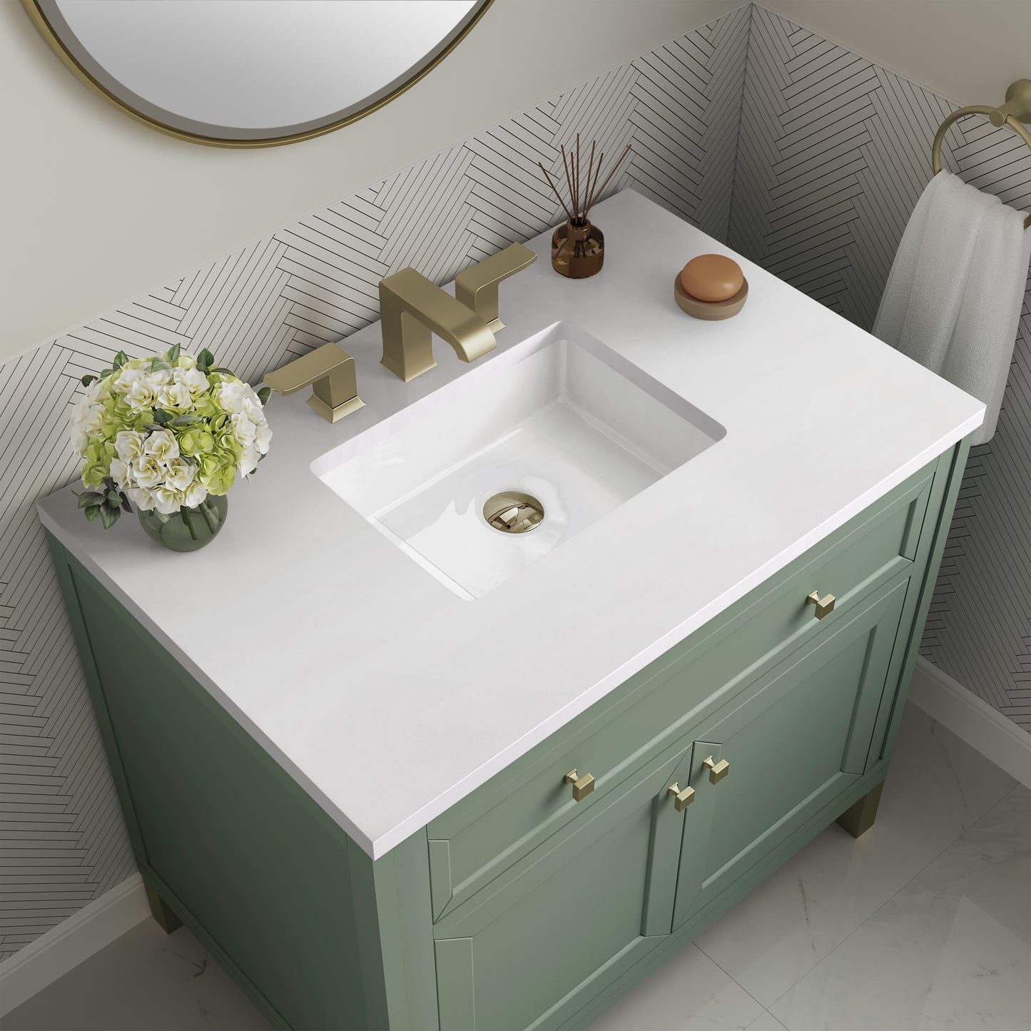 Chicago 36" Single Vanity, Smokey Celadon w/ 3 CM White Zeus Top