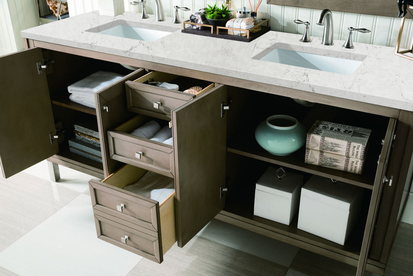 Chicago 72" Double Vanity, Whitewashed Walnut w/ 3 CM Eternal Jasmine Pearl Quartz Top