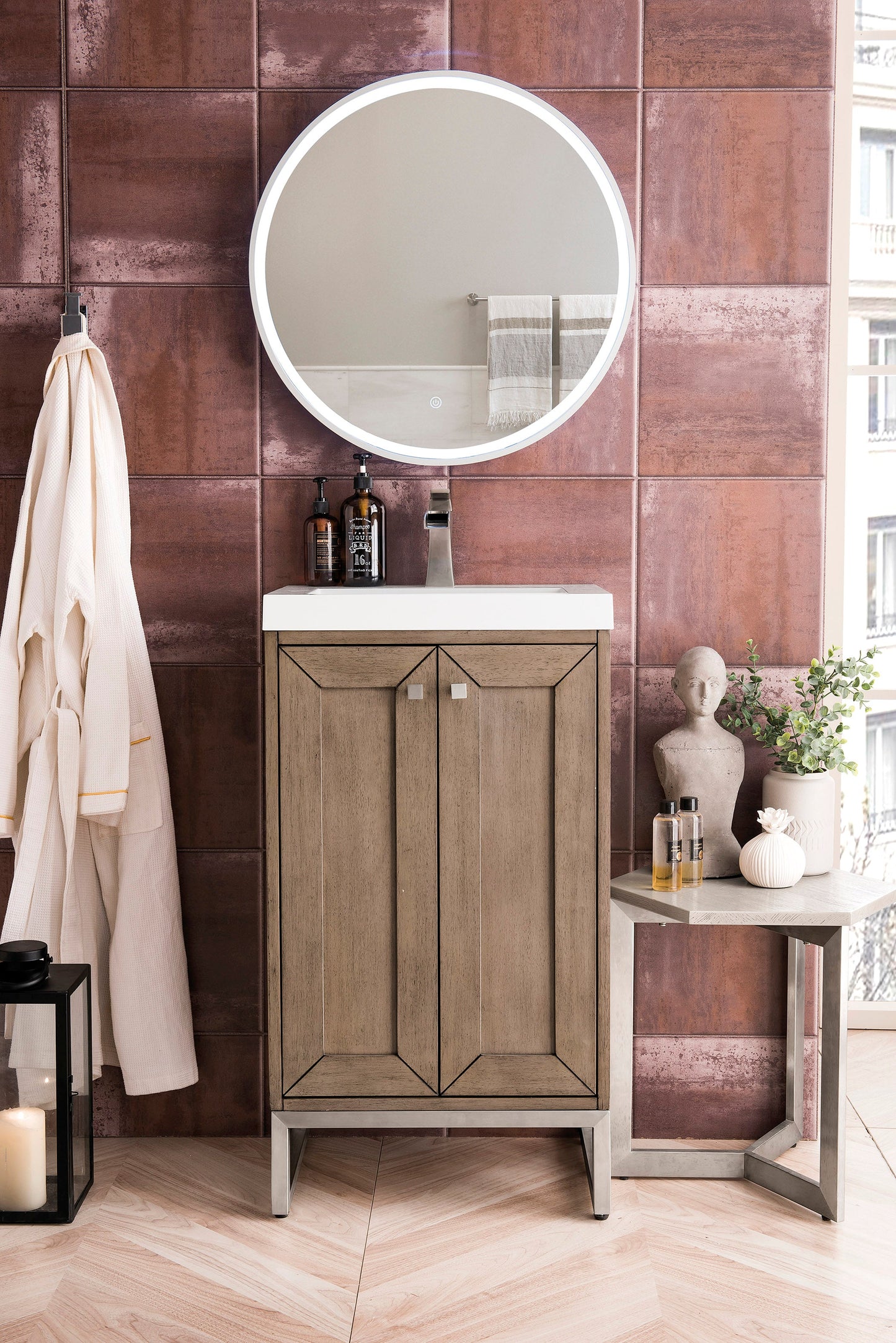 Chianti 20" Single Vanity, Whitewashed Walnut, Brushed Nickel, w/ White Glossy Composite Stone Top