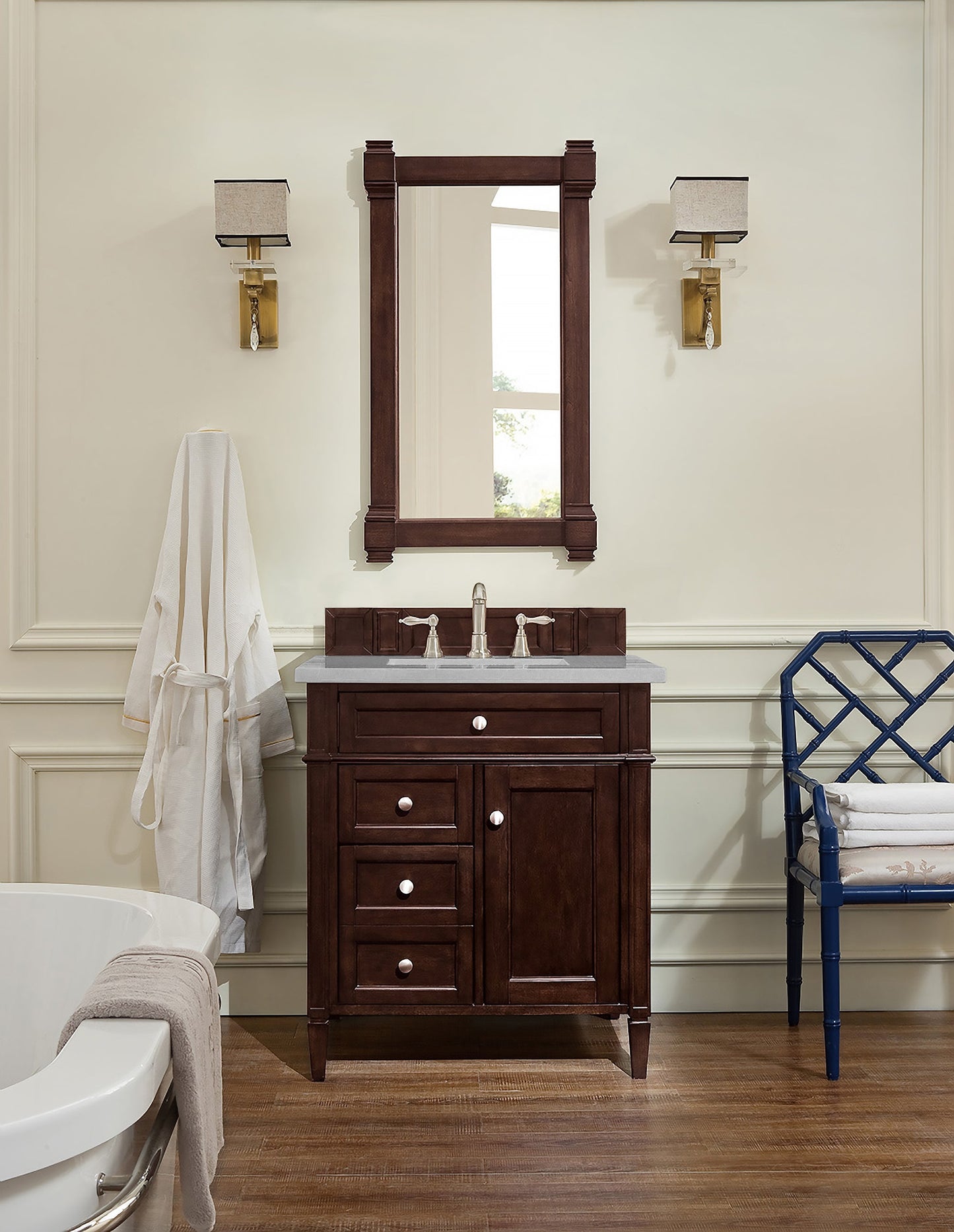 Brittany 30" Single Vanity, Burnished Mahogany, w/ 3 CM Eternal Serena Quartz Top