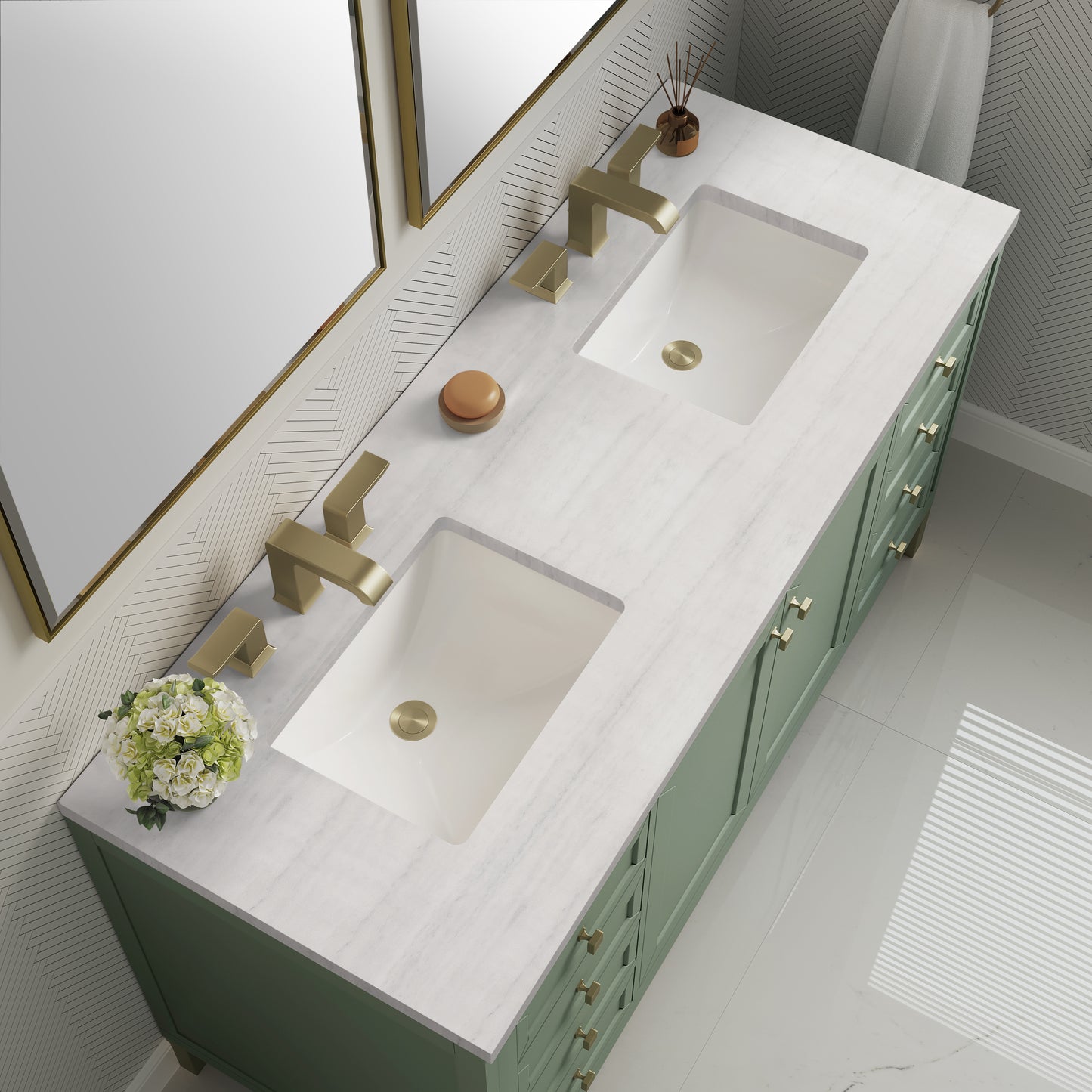 Chicago 60" Double Vanity, Smokey Celadon w/ 3 CM Arctic Fall Top