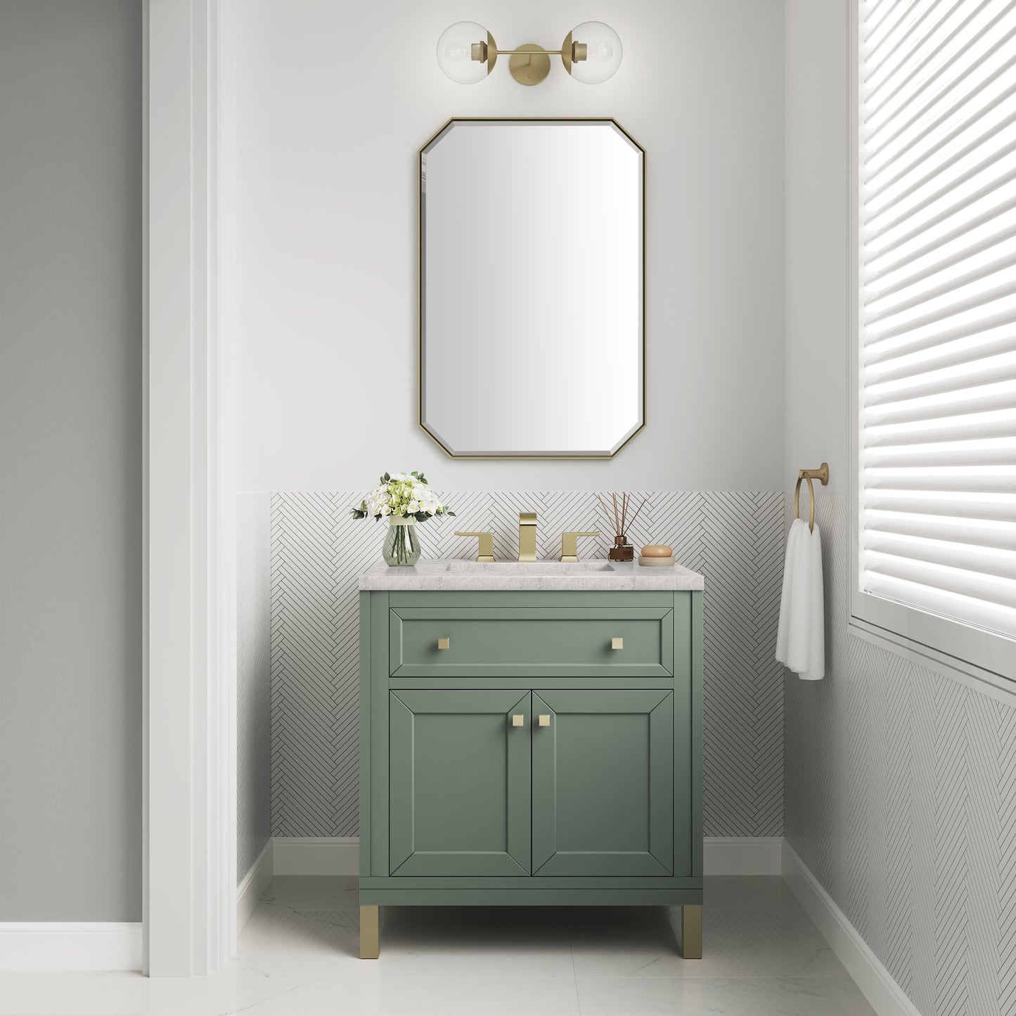 Chicago 30" Single Vanity, Smokey Celadon w/ 3 CM Eternal Jasmine Pearl Top