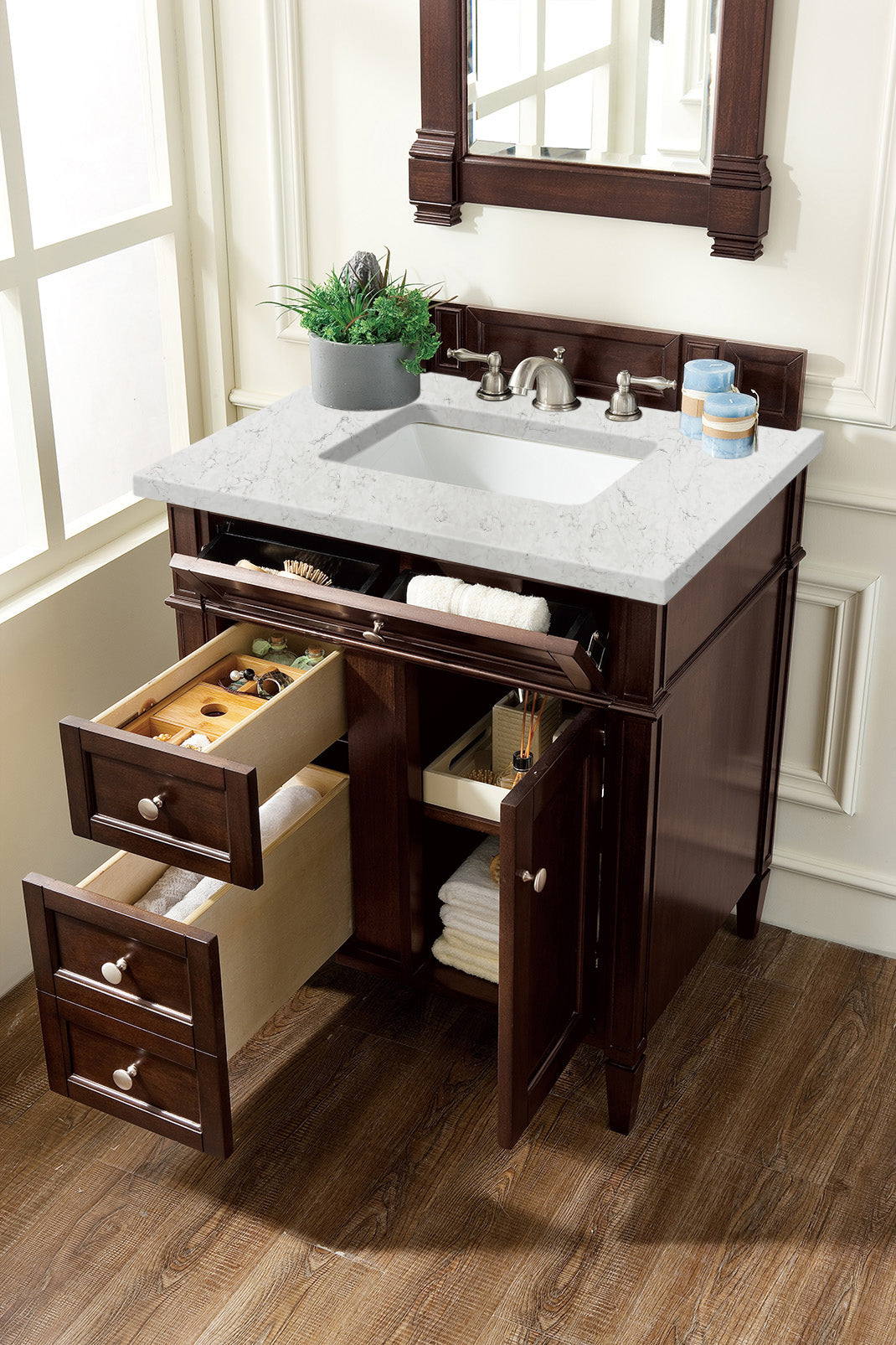 Brittany 30" Single Vanity, Burnished Mahogany, w/ 3 CM Eternal Jasmine Pearl Quartz Top