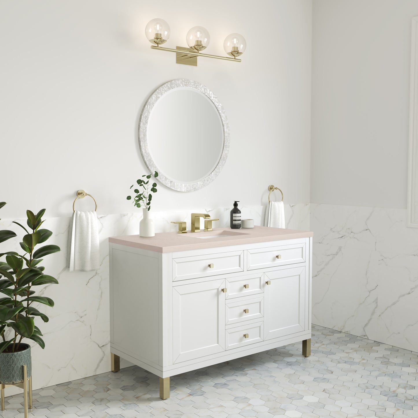 Chicago 48" Single Vanity, Glossy White w/ 3 CM Eternal Marfil Top