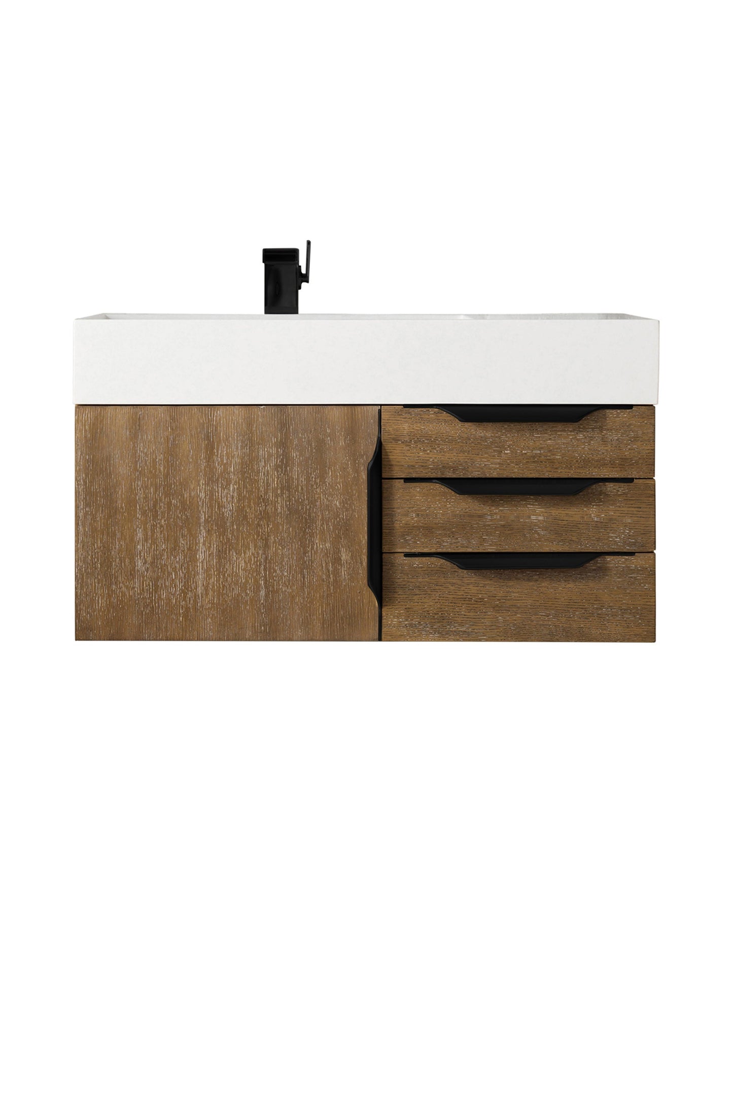 Mercer Island 36" Single Vanity, Latte Oak, Matte Black w/ Glossy White Composite Stone Top