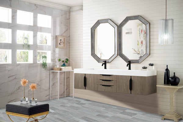 Mercer Island 72 Double Vanity, Ash Gray, Matte Black w/ Glossy White Composite Stone Top