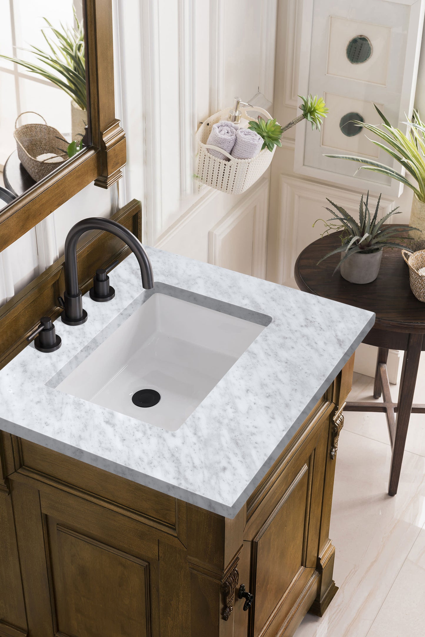 Brookfield 26" Single Vanity, Country Oak w/ 3 CM Carrara Marble Top