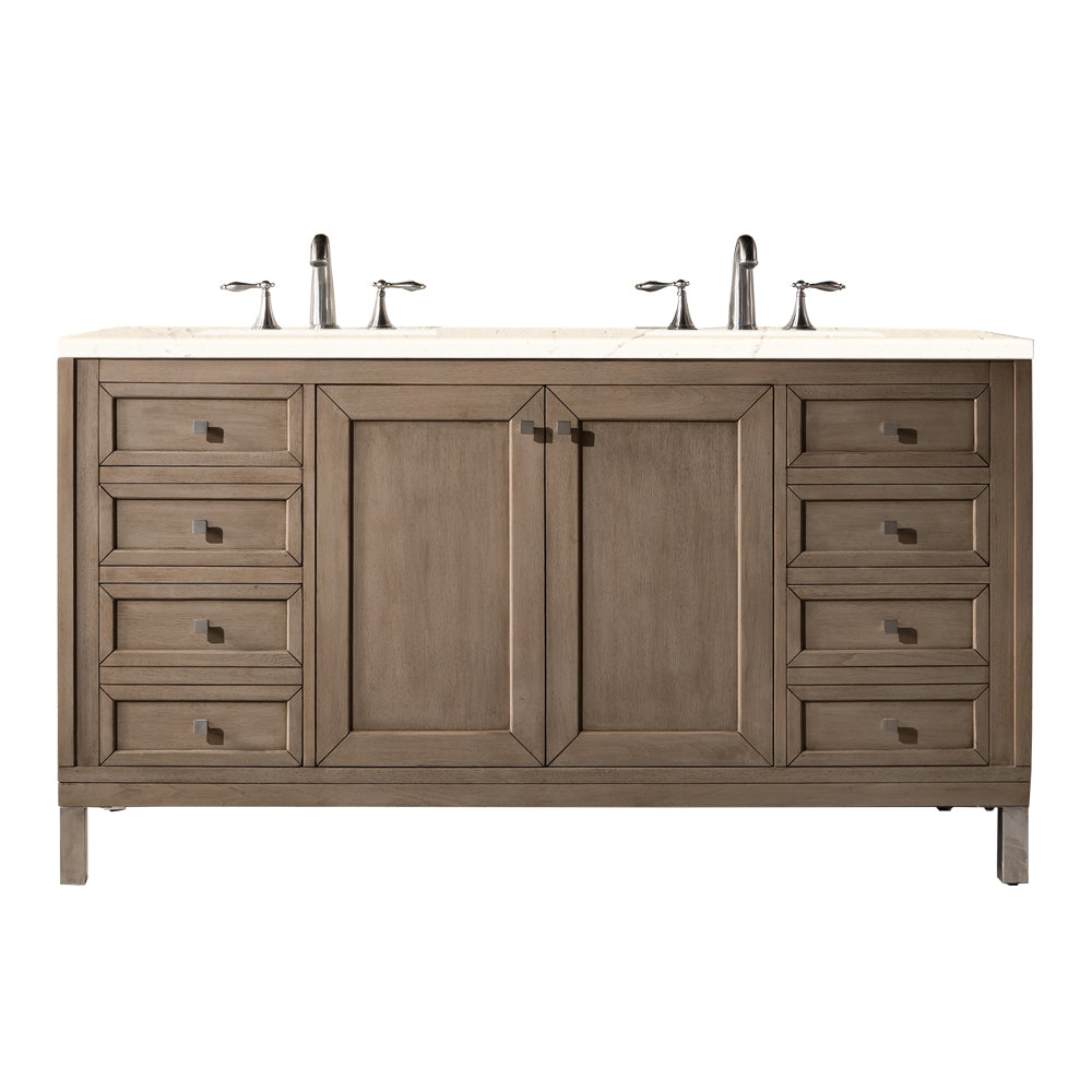 Chicago 60" Double Vanity, Whitewashed Walnut w/ 3 CM Eternal Marfil Quartz Top