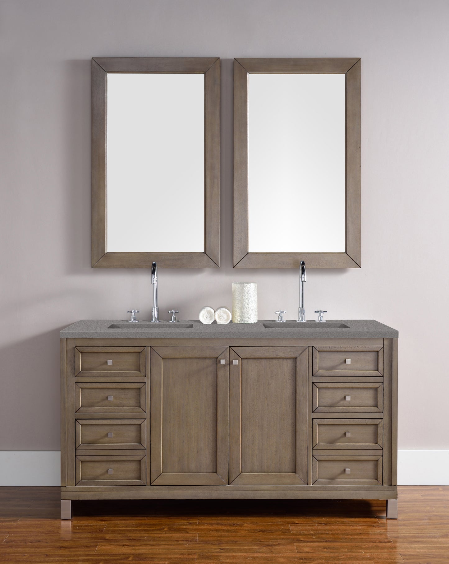 Chicago 60" Double Vanity, Whitewashed Walnut w/ 3 CM Grey Expo Quartz Top