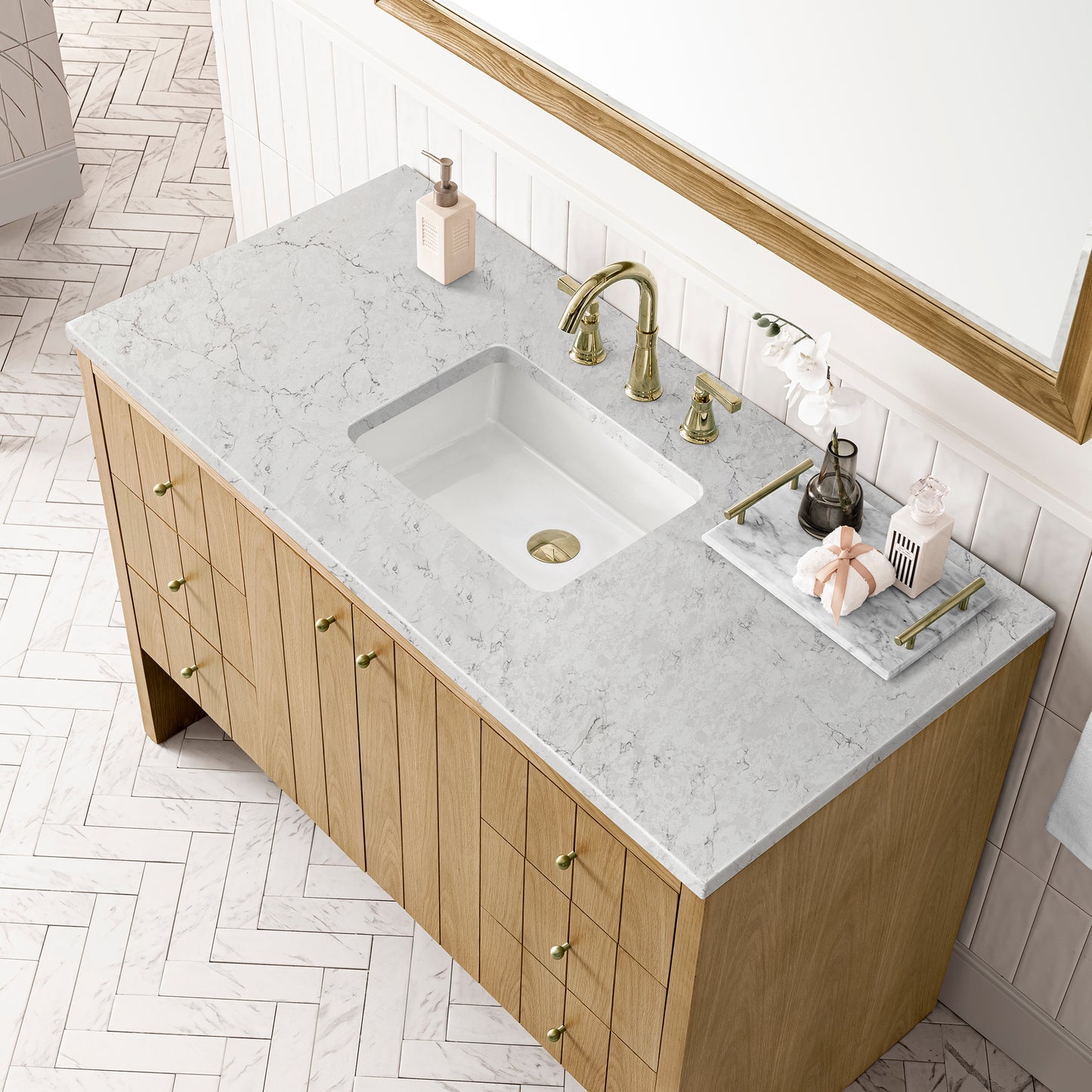 Hudson 48" Single Vanity, Light Natural Oak w/ 3 CM Eternal Jasmine Pearl Top