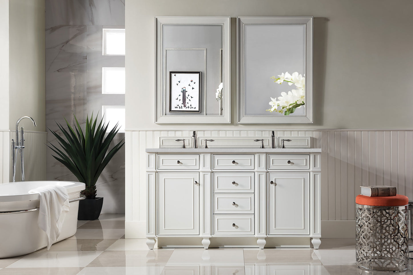 Bristol 60" Double Vanity, Bright White w/ 3 CM Eternal Serena Quartz Top