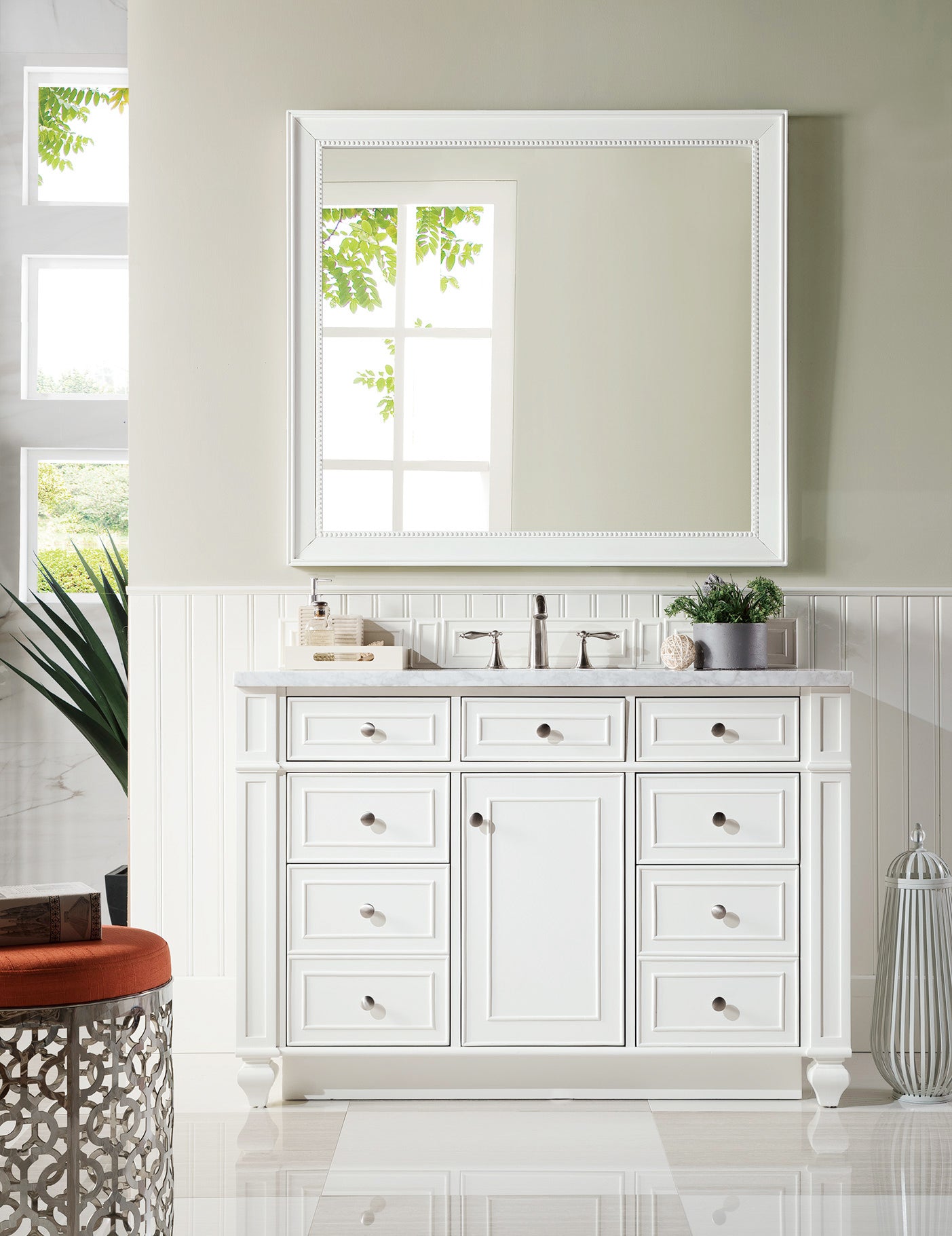 Bristol 48" Single Vanity, Bright White w/ 3 CM Carrara Marble Top