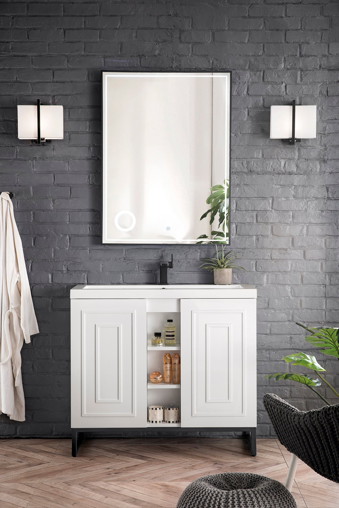 Alicante 39.5" Single Vanity, Glossy White, Matte Black w/ White Glossy Composite Stone Top