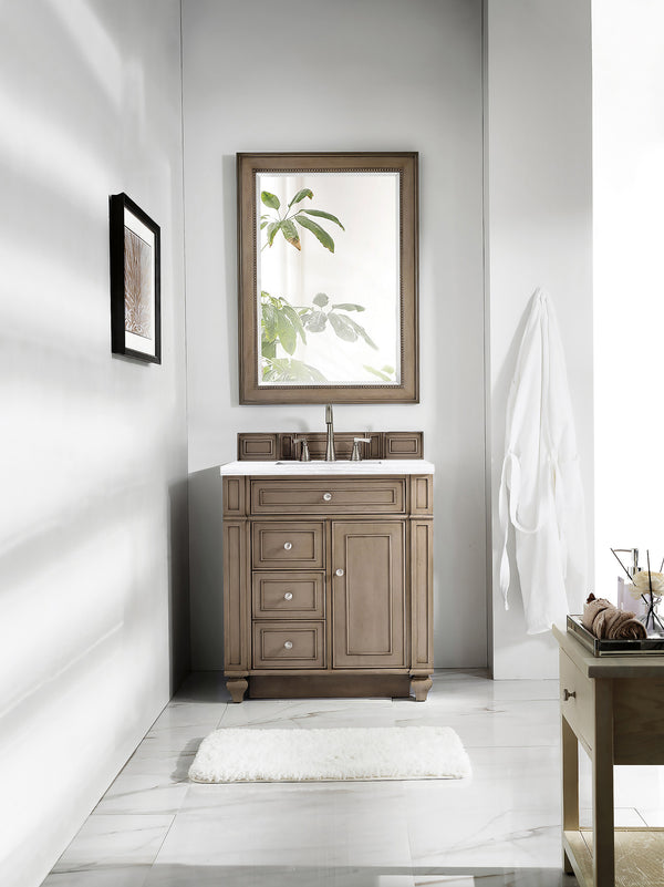 Bristol 30 Single Vanity, Whitewashed Walnut w/ 3 CM Arctic Fall Solid Surface Top