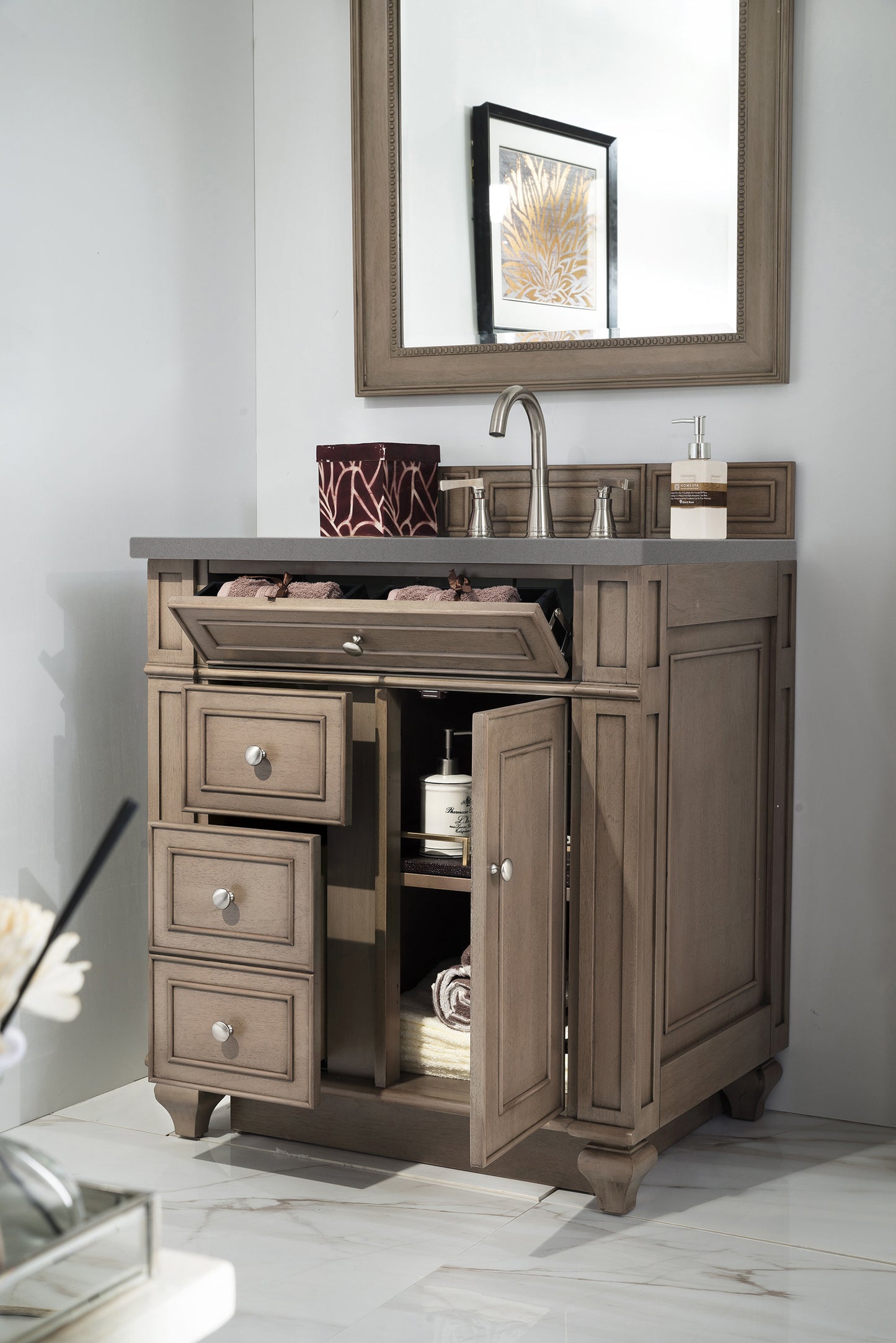 Bristol 30" Single Vanity, Whitewashed Walnut w/ 3 CM Grey Expo Quartz Top