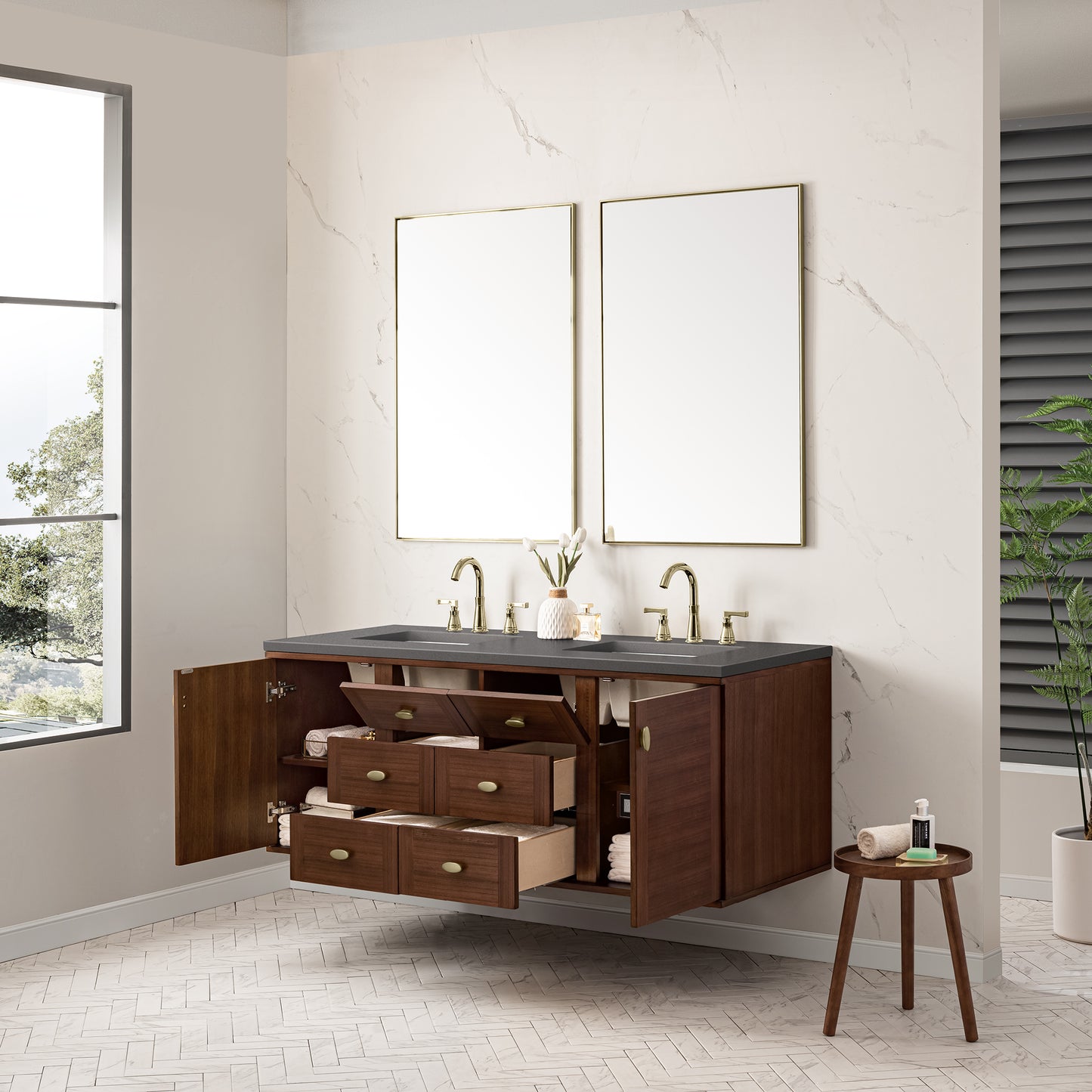 Amberly 60" Double Vanity, Mid-Century Walnut w/ 3 CM Grey Expo Top