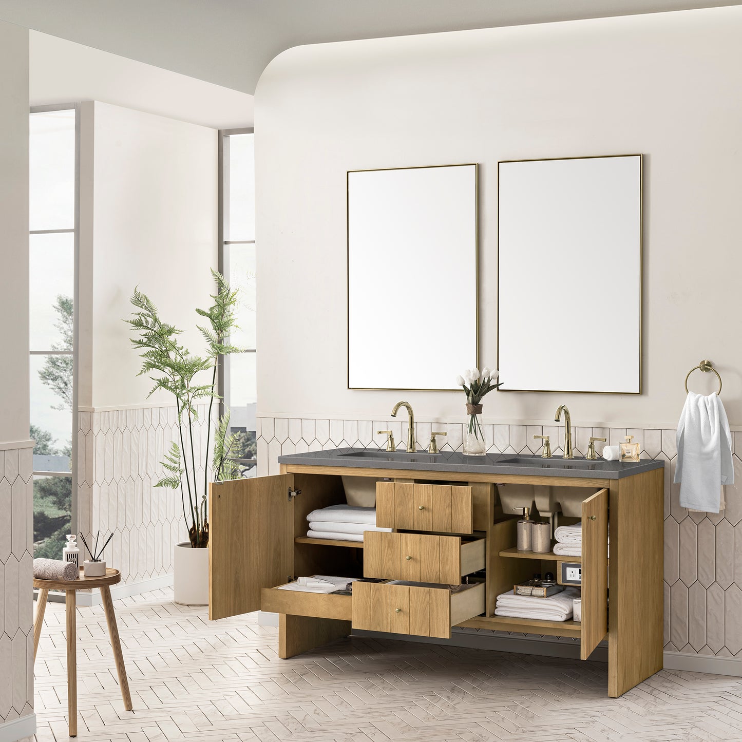 Hudson 60" Double Vanity, Light Natural Oak w/ 3 CM Grey Expo Top