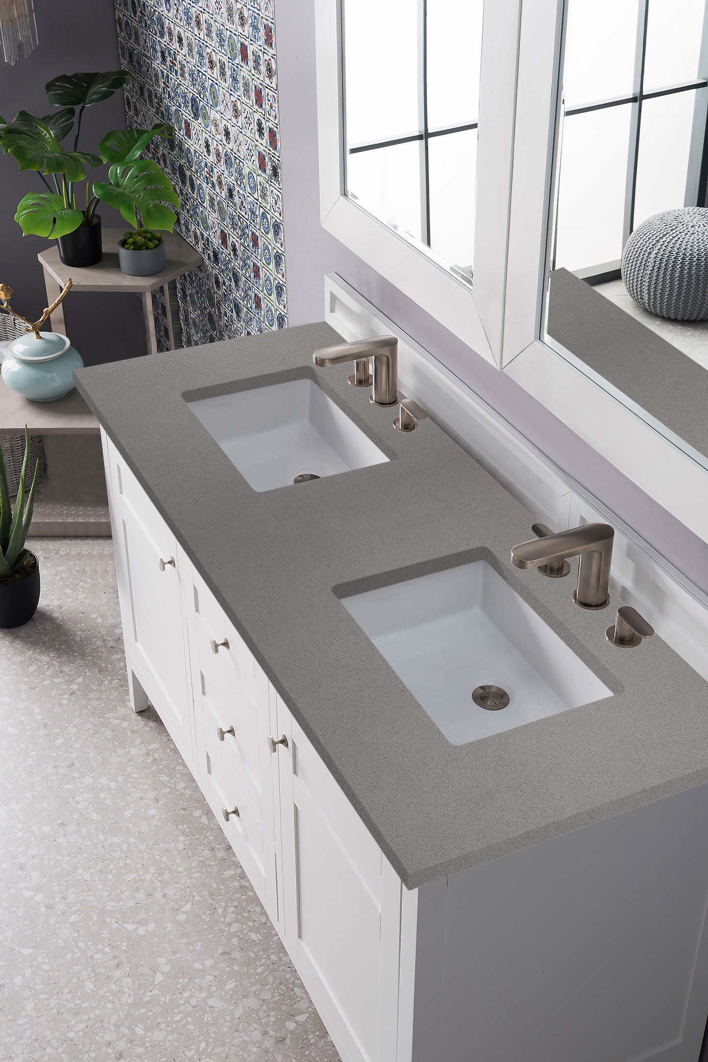 Palisades 60" Double Vanity, Bright White w/ 3 CM Grey Expo Quartz Top