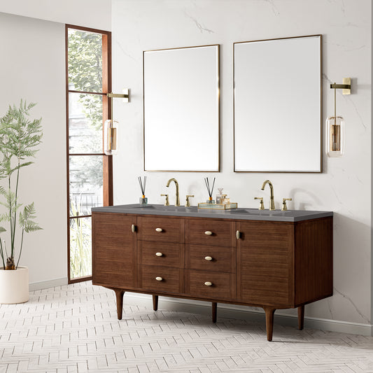 Amberly 72" Double Vanity, Mid-Century Walnut w/ 3 CM Grey Expo Top