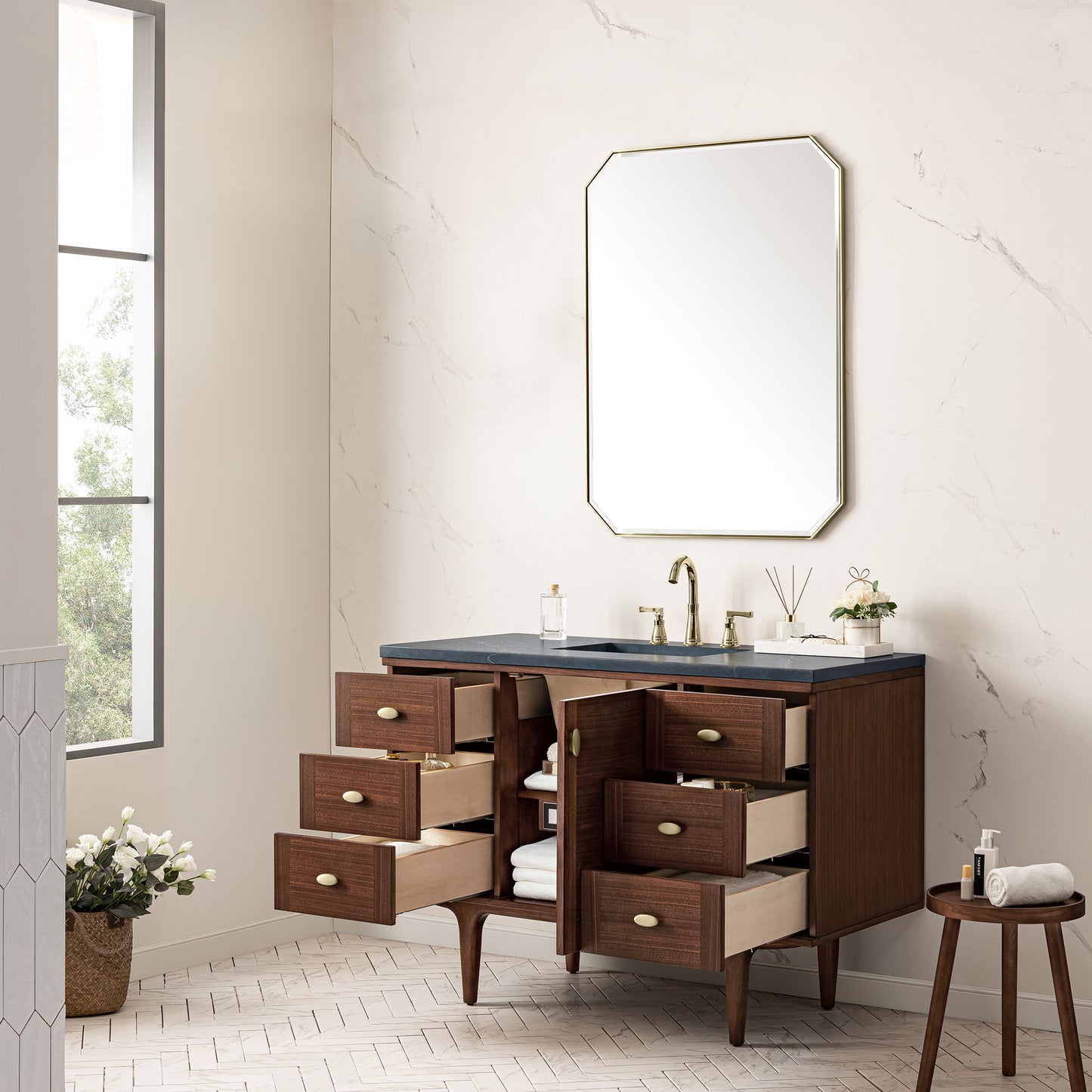 Amberly 48" Single Vanity, Mid-Century Walnut w/ 3 CM Charcoal Soapstone Top