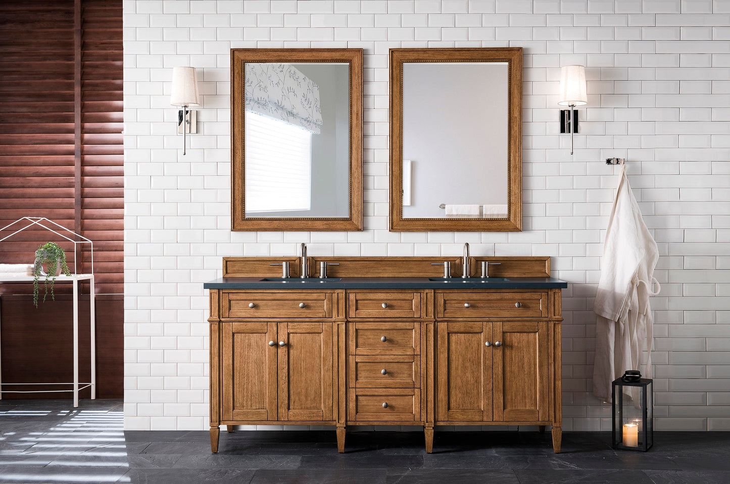 Brittany 72" Double Vanity, Saddle Brown w/ 3 CM Charcoal Soapstone Quartz Top