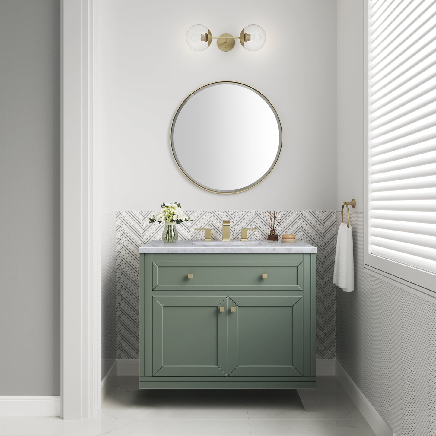 Chicago 36" Single Vanity, Smokey Celadon w/ 3 CM Carrara Marble Top