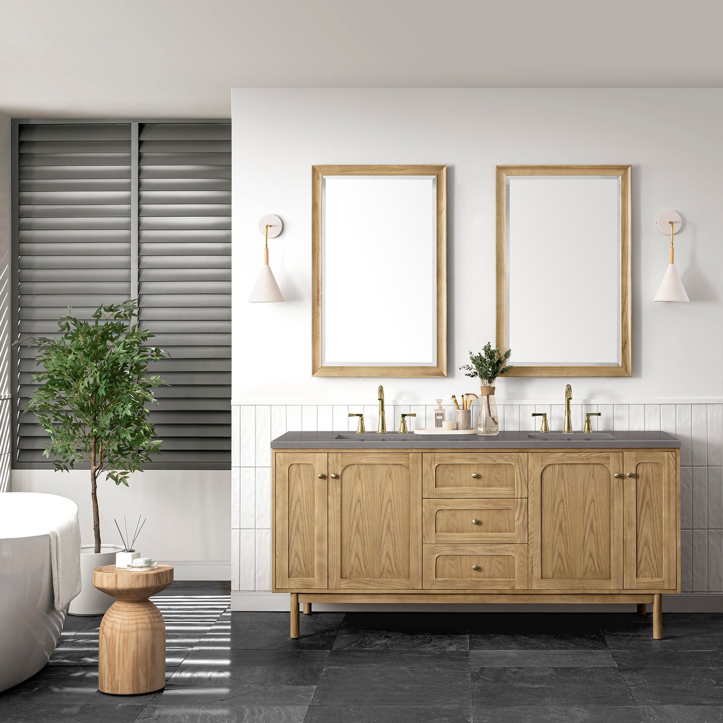 Laurent 72" Double Vanity, Light Natural Oak w/ 3 CM Grey Expo Top