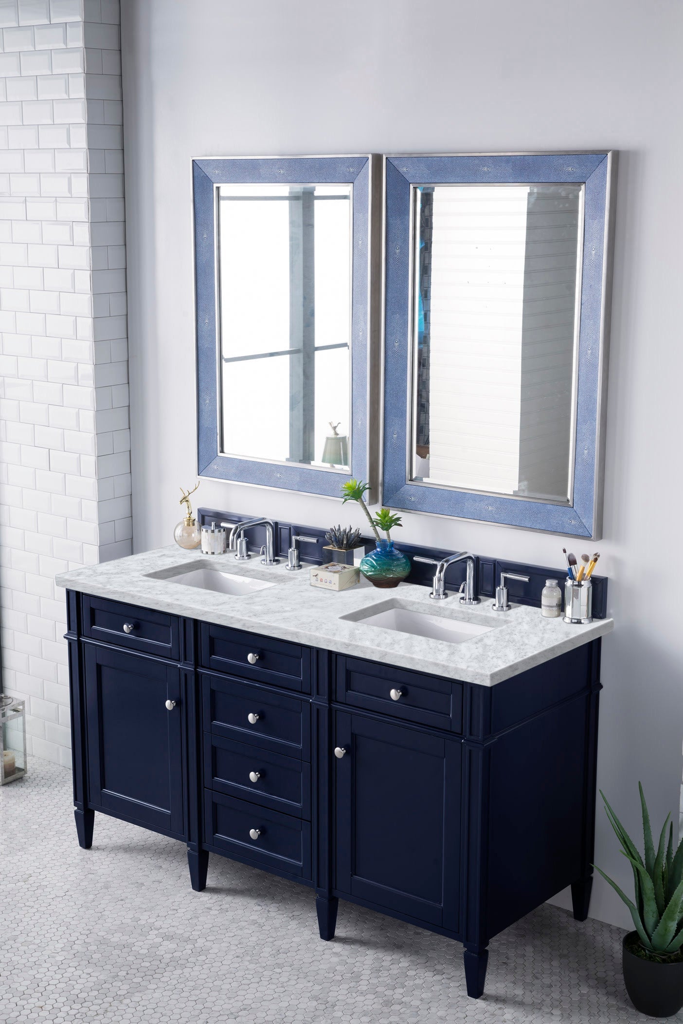 Brittany 60" Double Vanity, Victory Blue w/ 3 CM Carrara Marble Top