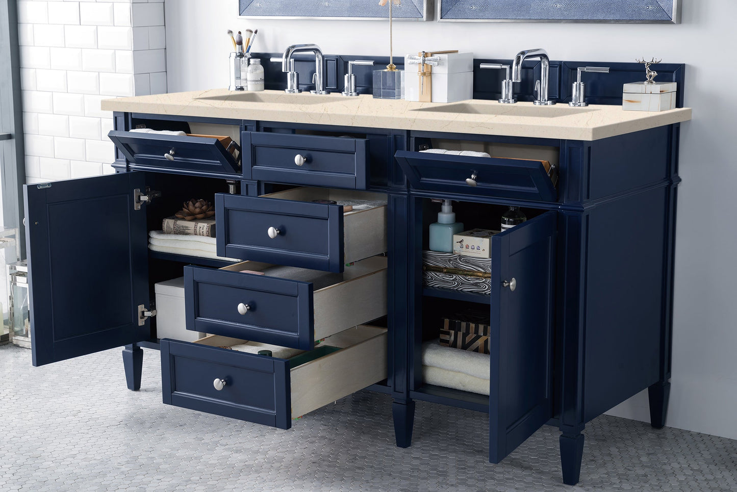 Brittany 60" Double Vanity, Victory Blue w/ 3 CM Eternal Marfil Quartz Top