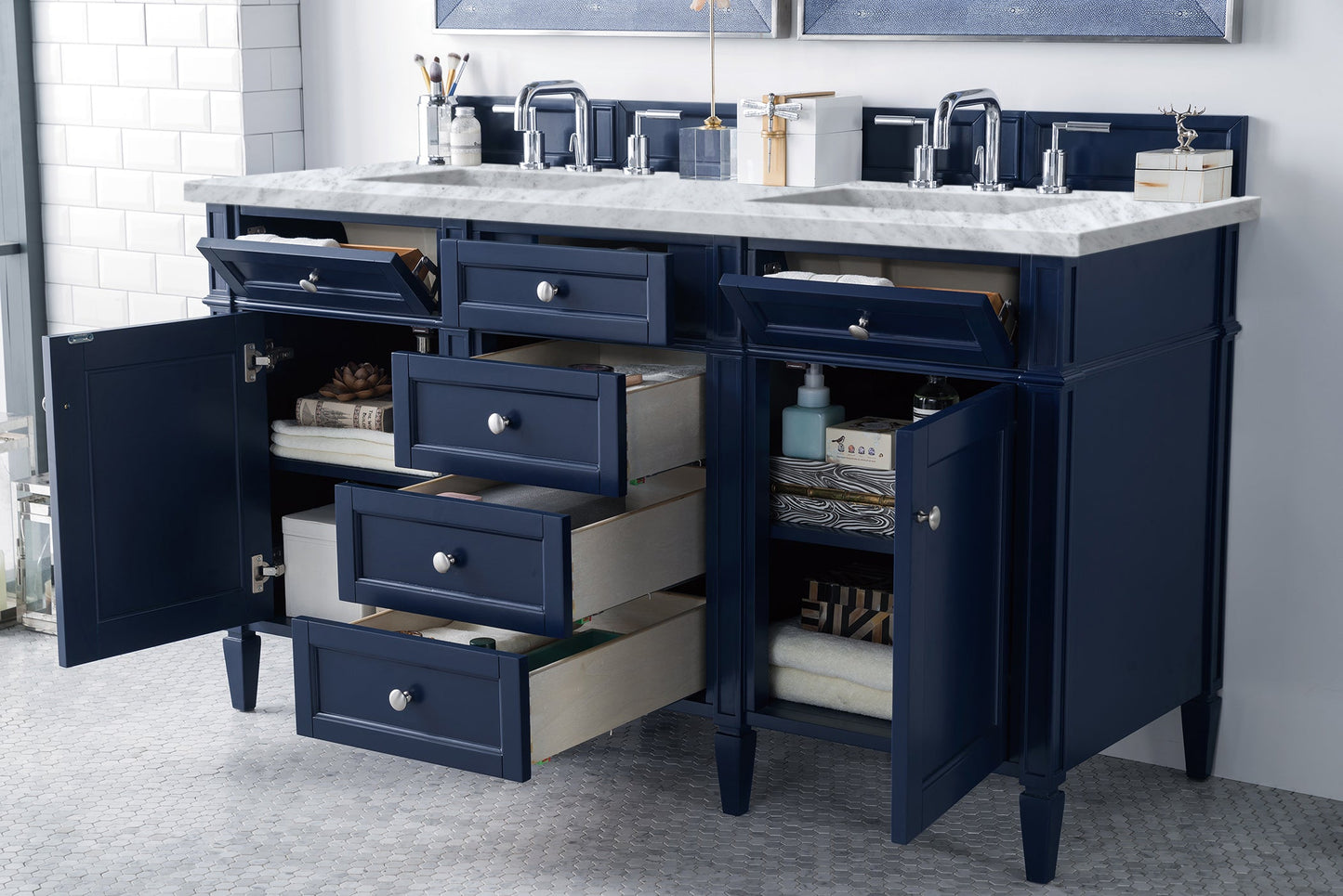 Brittany 60" Double Vanity, Victory Blue w/ 3 CM Carrara Marble Top