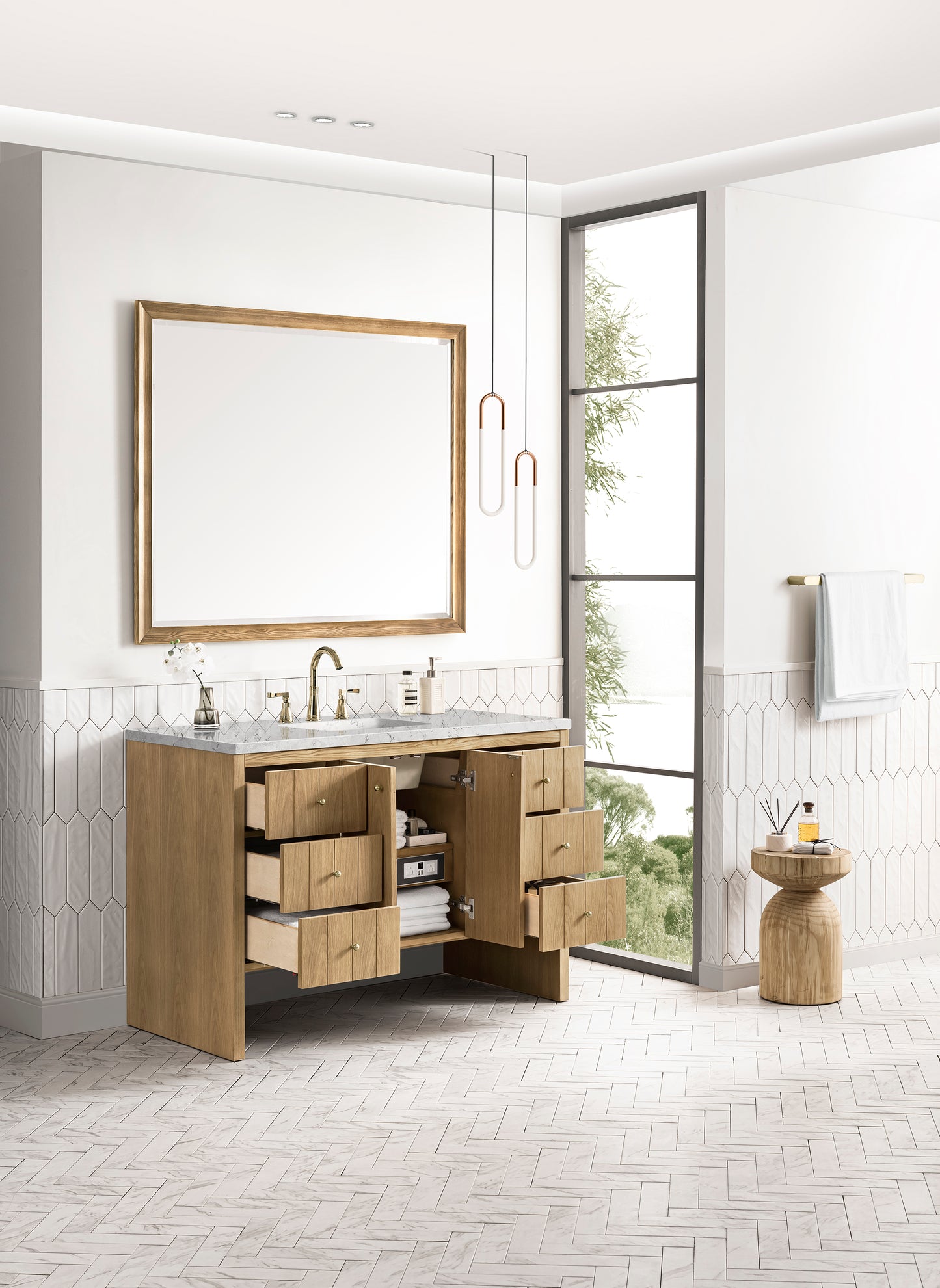 Hudson 48" Single Vanity, Light Natural Oak w/ 3 CM Eternal Jasmine Pearl Top