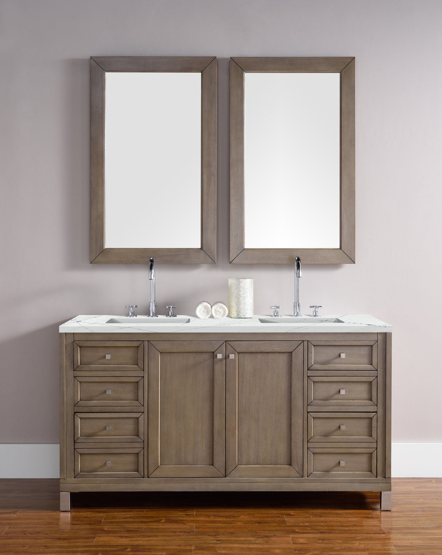 Chicago 60" Double Vanity, Whitewashed Walnut w/ 3 CM Ethereal Noctis Quartz Top