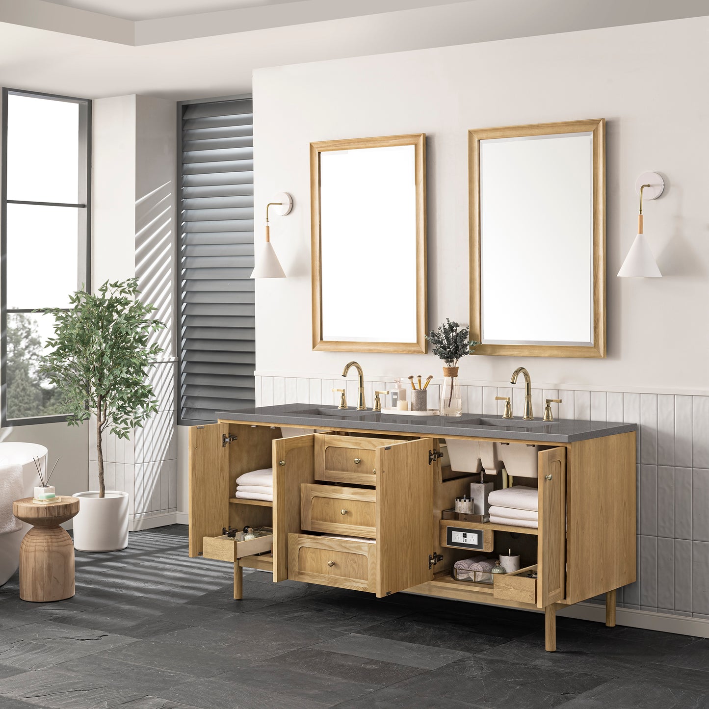 Laurent 72" Double Vanity, Light Natural Oak w/ 3 CM Grey Expo Top