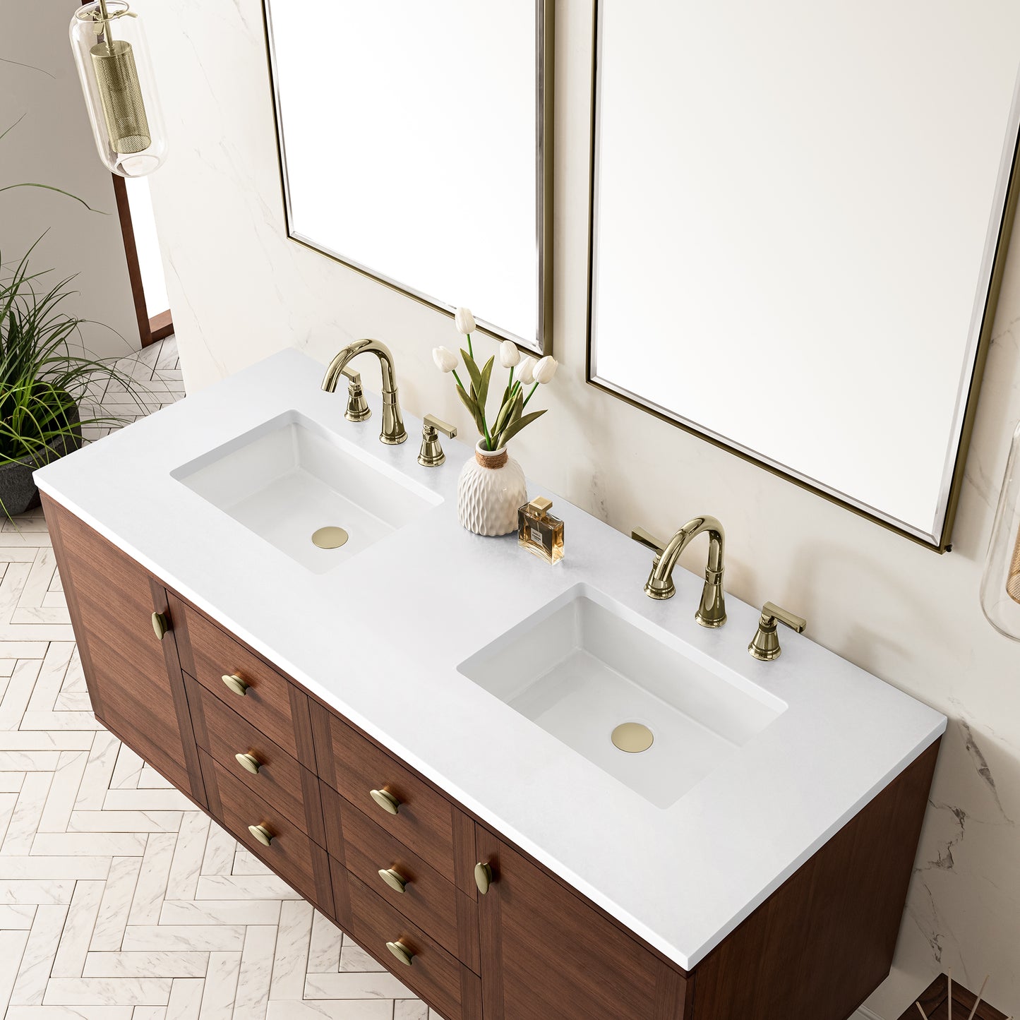 Amberly 60" Double Vanity, Mid-Century Walnut w/ 3 CM White Zeus Top