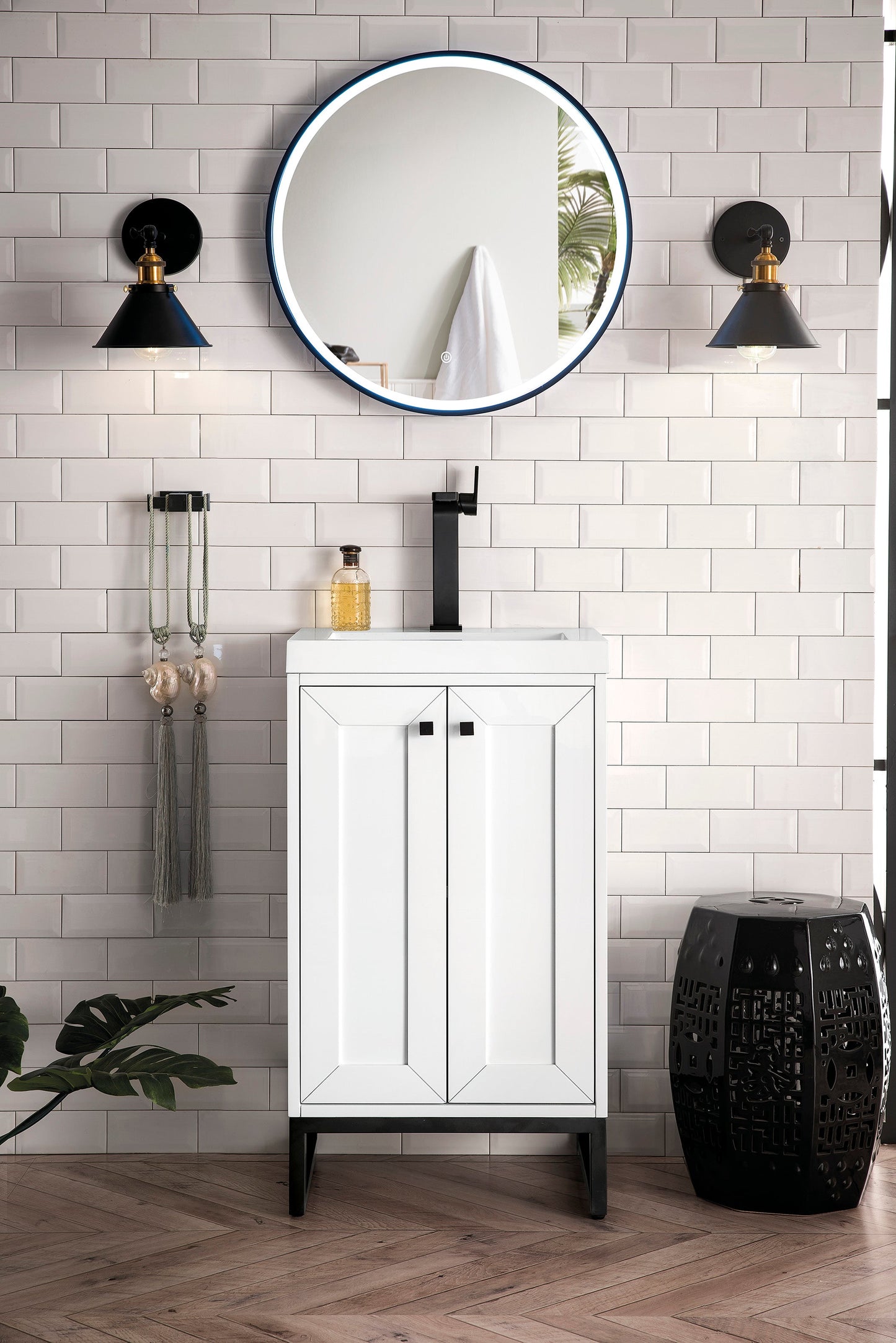 Chianti 20" Single Vanity, Glossy White, Matte Black, w/ White Glossy Composite Stone Top