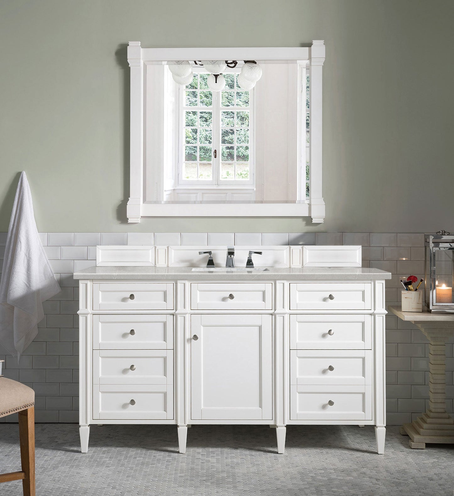 Brittany 60" Single Vanity, Bright White w/ 3 CM Eternal Serena Quartz Top