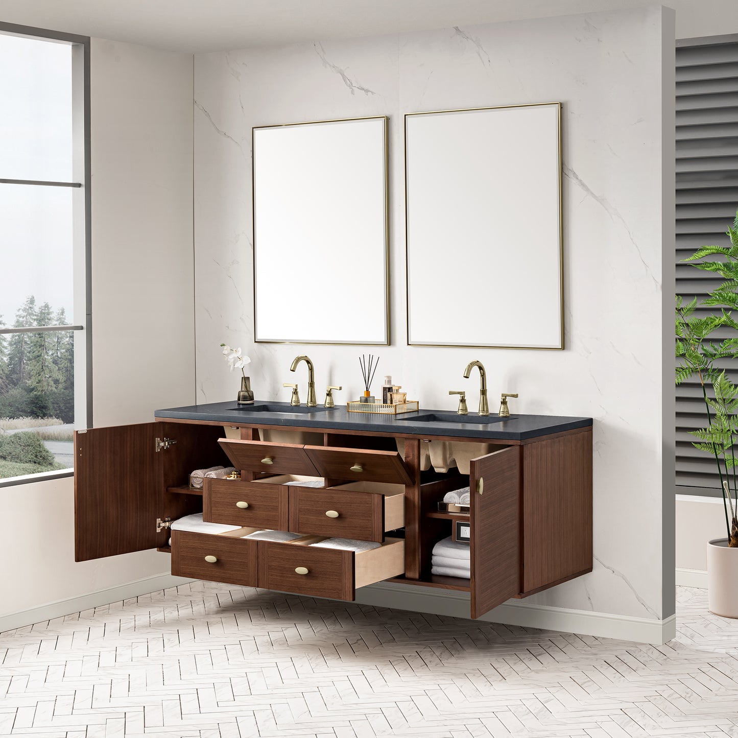 Amberly 72" Double Vanity, Mid-Century Walnut w/ 3 CM Charcoal Soapstone Top