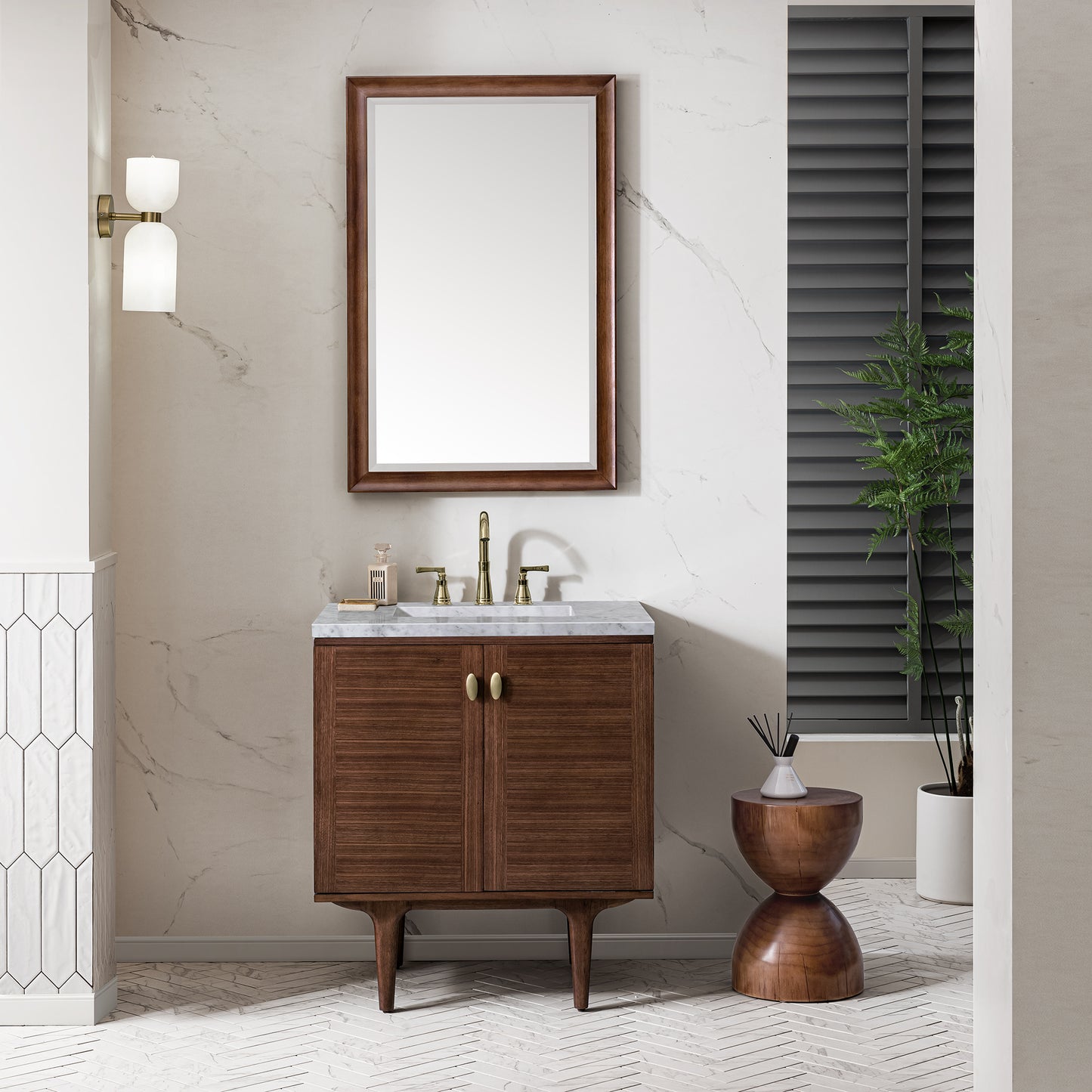 Amberly 30" Single Vanity, Mid-Century Walnut w/ 3 CM Carrara Marble Top