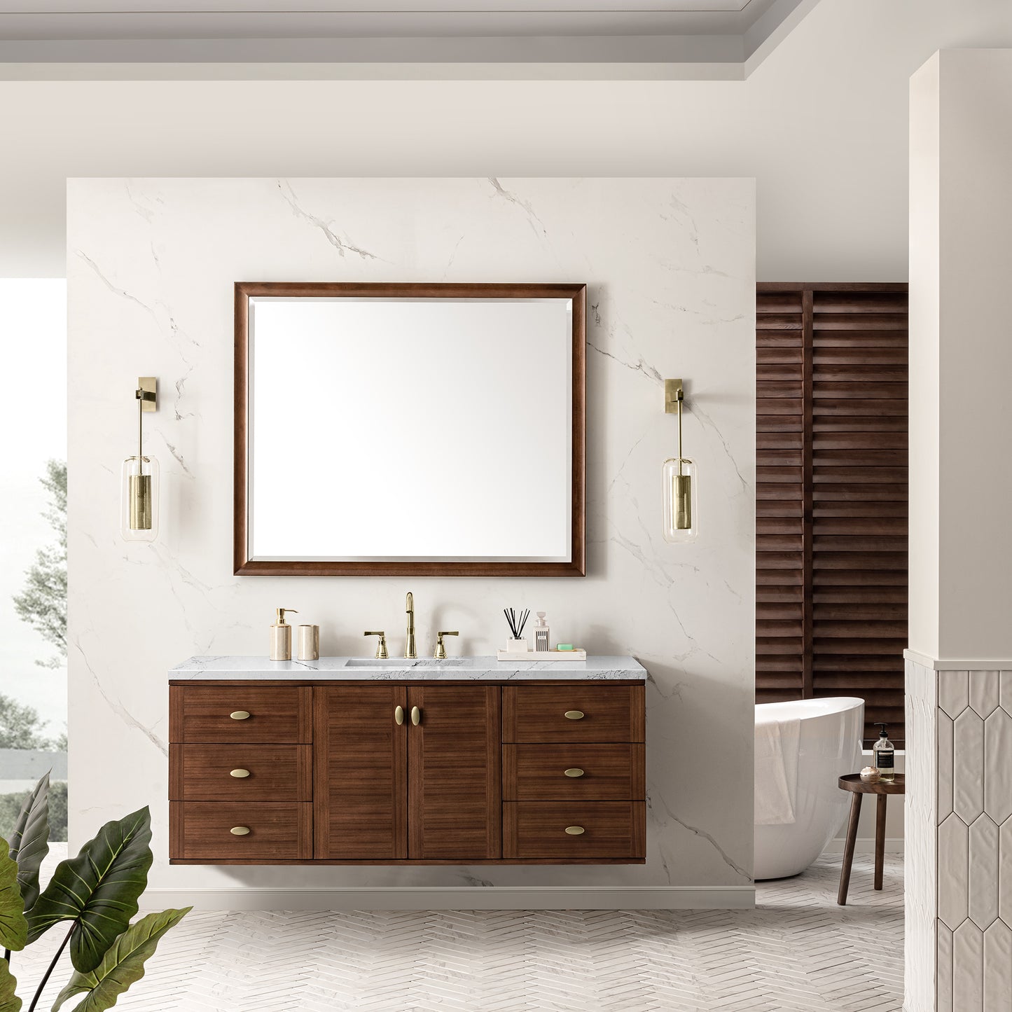 Amberly 60" Single Vanity, Mid-Century Walnut w/ 3 CM Ethereal Noctis Top