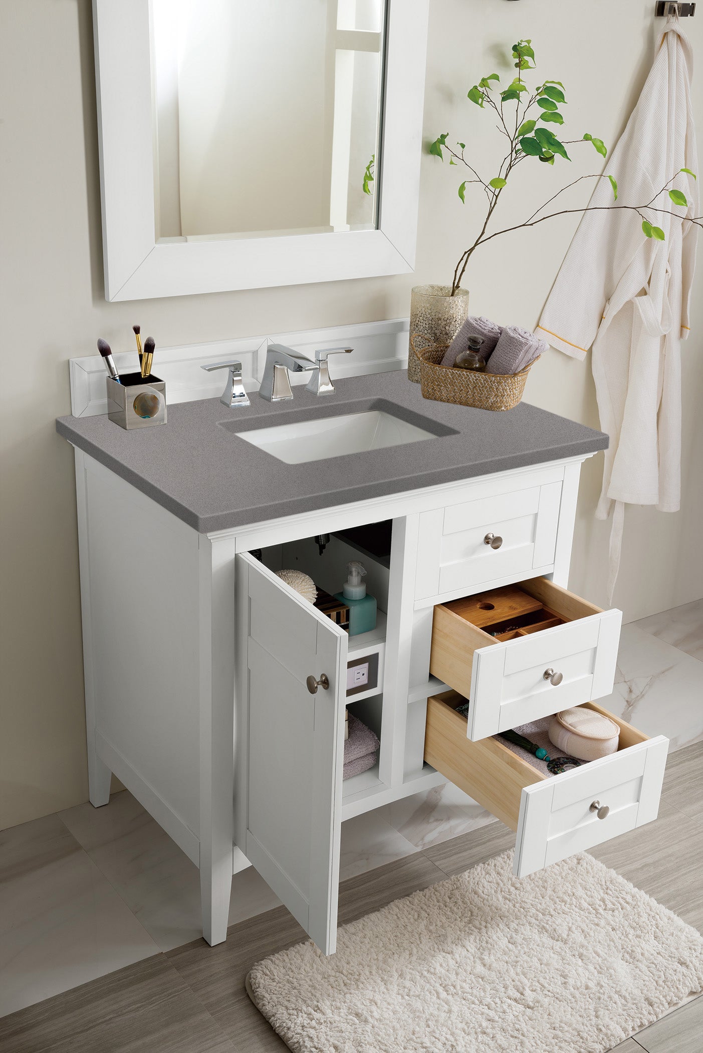 Palisades 36" Single Vanity, Bright White w/ 3 CM Grey Expo Quartz Top