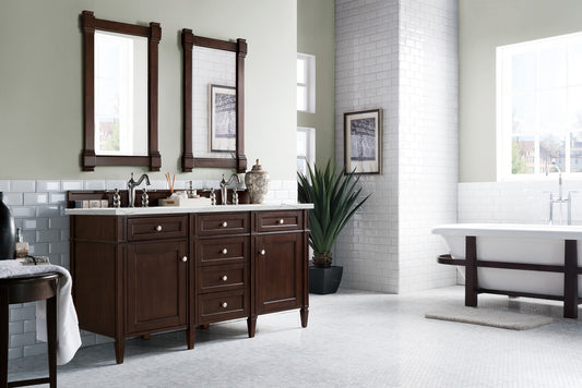 Brittany 60" Double Vanity, Burnished Mahogany w/ 3 CM Ethereal Noctis Quartz Top