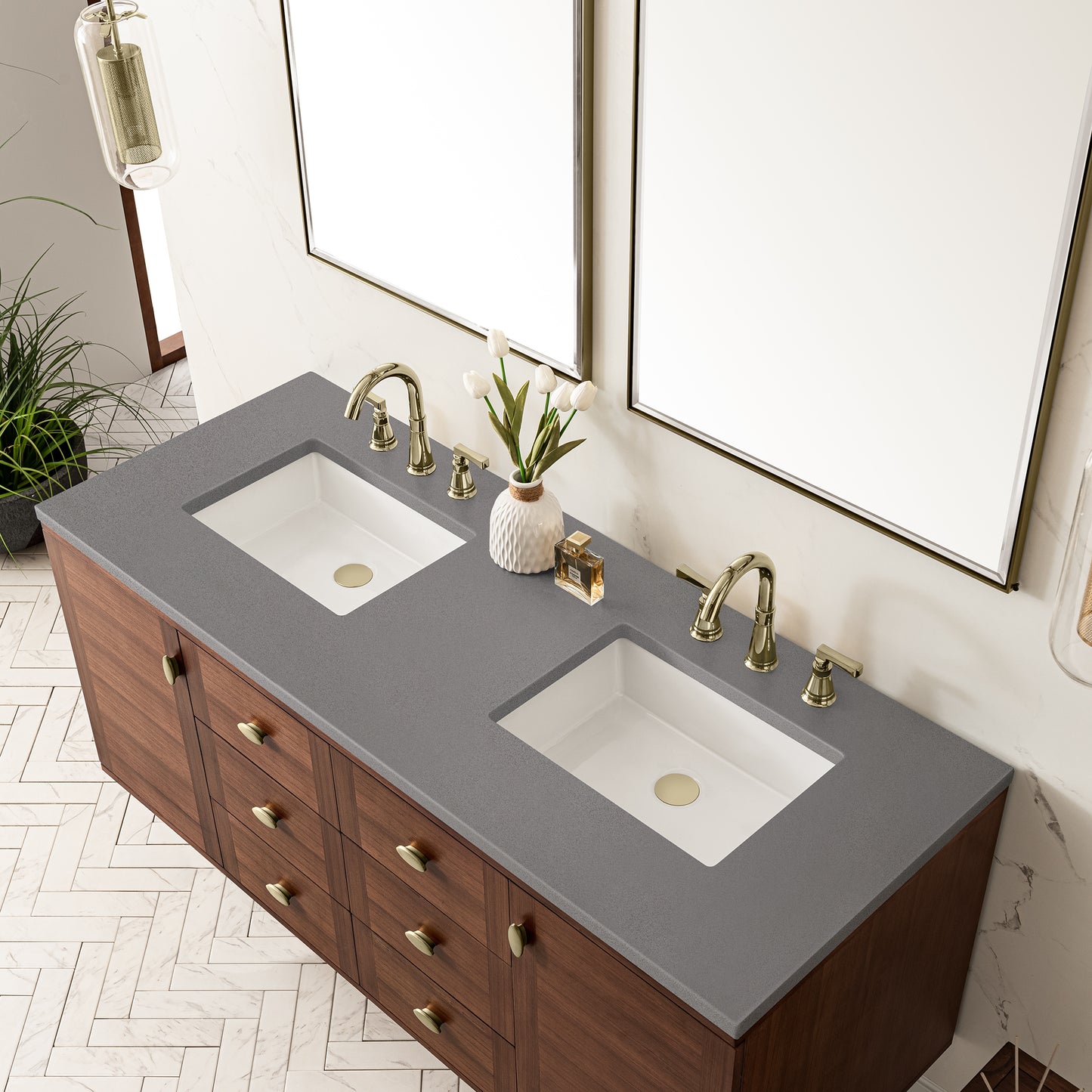 Amberly 60" Double Vanity, Mid-Century Walnut w/ 3 CM Grey Expo Top