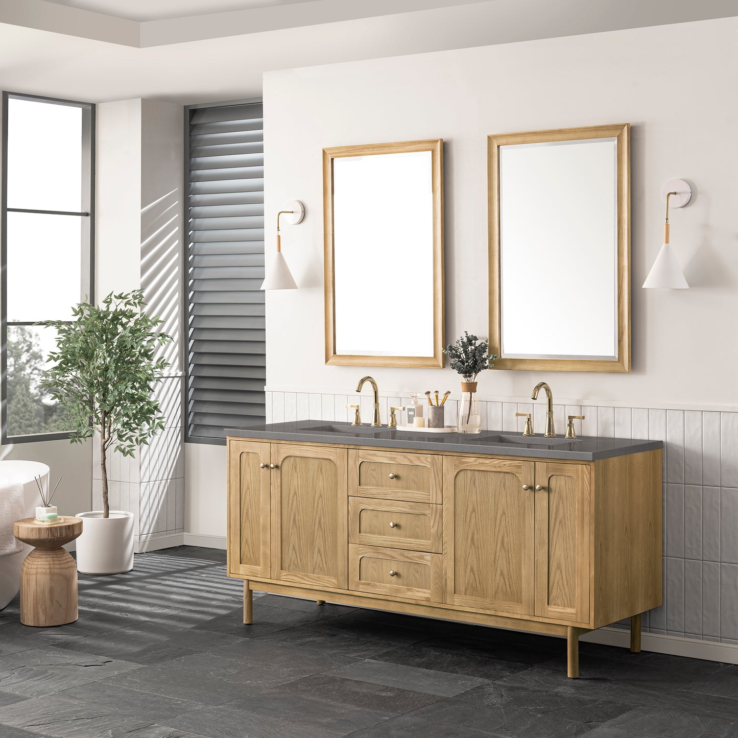 Laurent 72" Double Vanity, Light Natural Oak w/ 3 CM Grey Expo Top