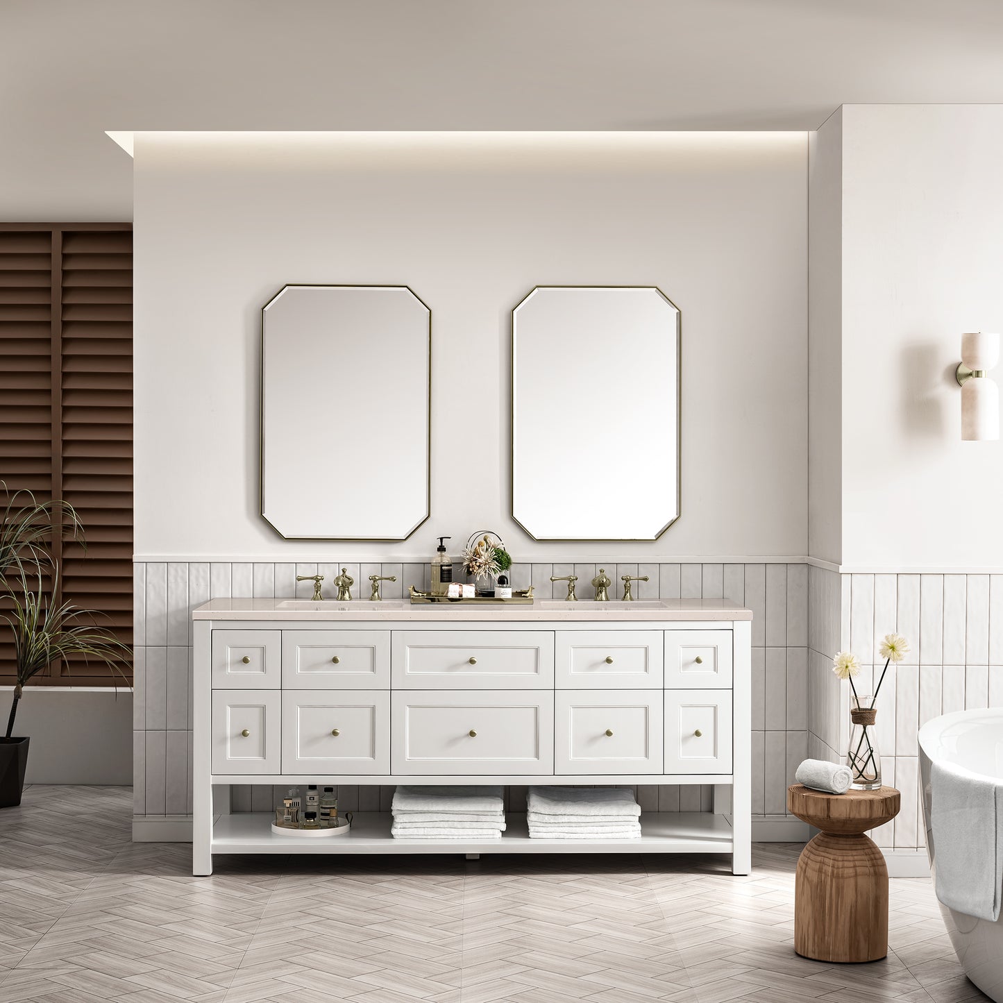 Breckenridge 72" Double Vanity, Bright White w/ 3 CM Eternal Marfil Top