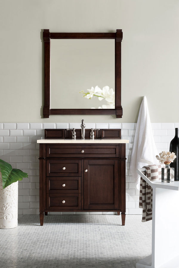 Brittany 36 Single Vanity, Burnished Mahogany w/ 3 CM Eternal Marfil Quartz Top