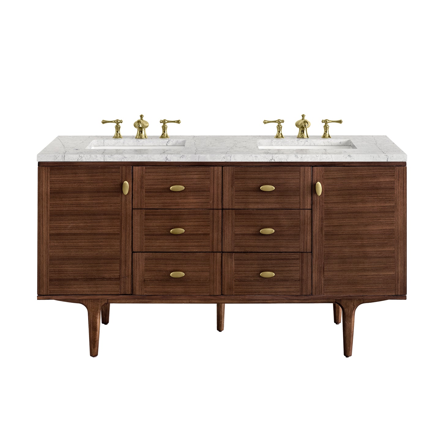 Amberly 60" Double Vanity, Mid-Century Walnut w/ 3 CM Eternal Jasmine Pearl Top