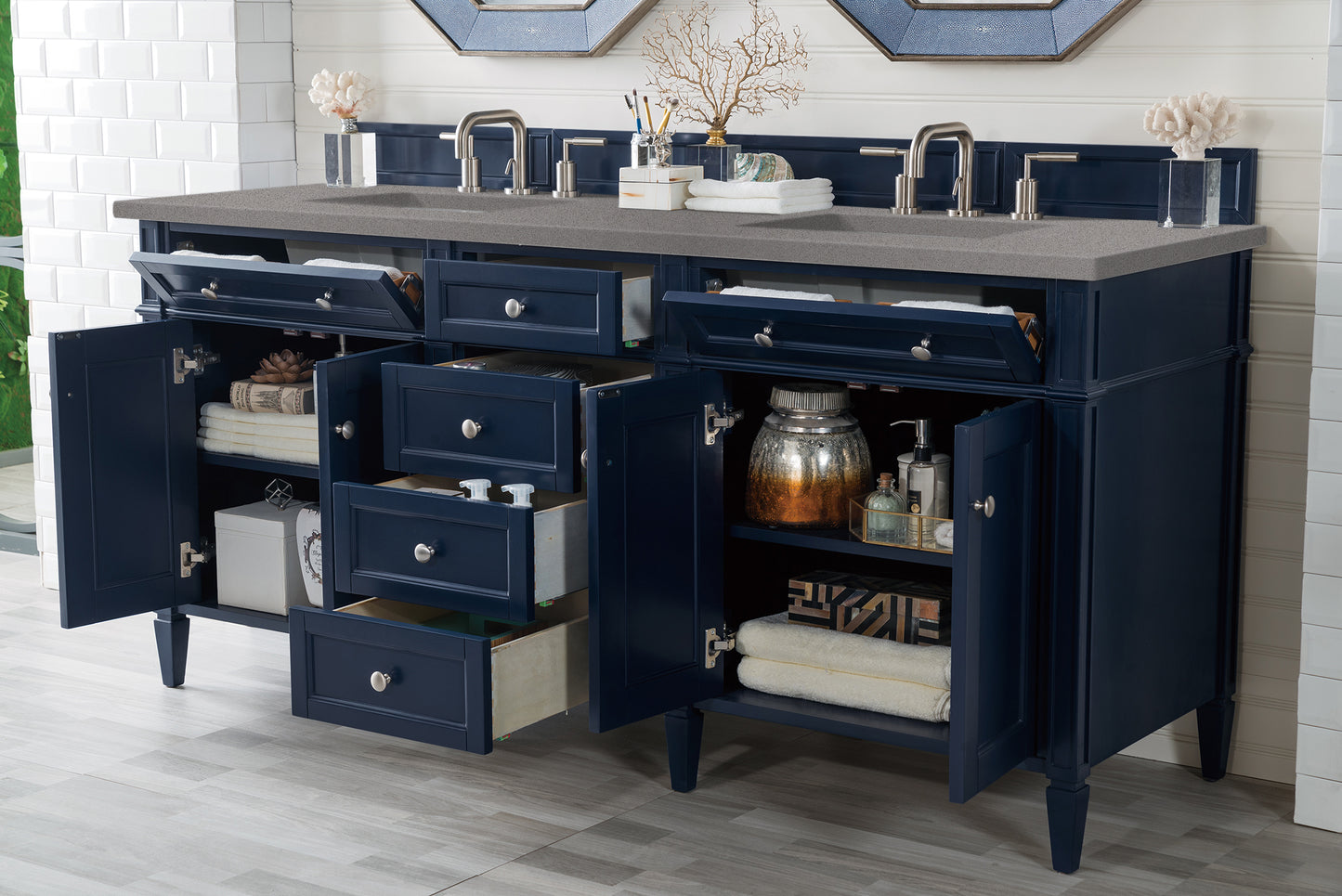 Brittany 72" Double Vanity, Victory Blue w/ 3 CM Grey Expo Quartz Top