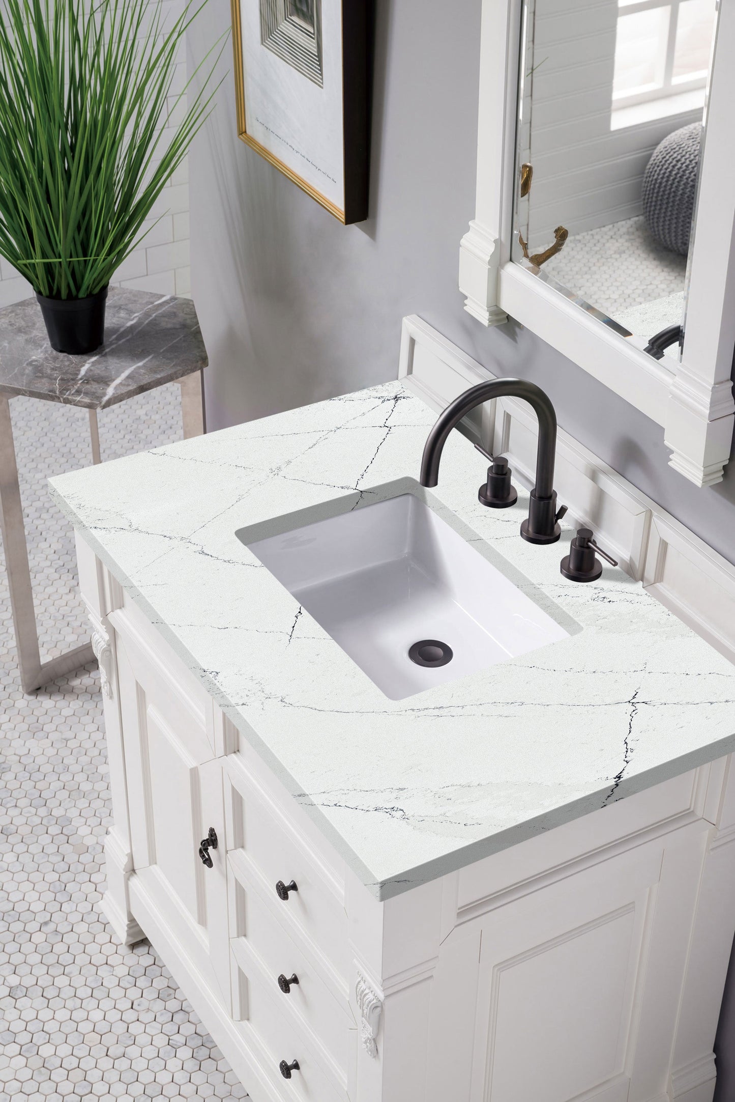 Brookfield 36" Single Vanity, Bright White w/ 3 CM Ethereal Noctis Quartz Top