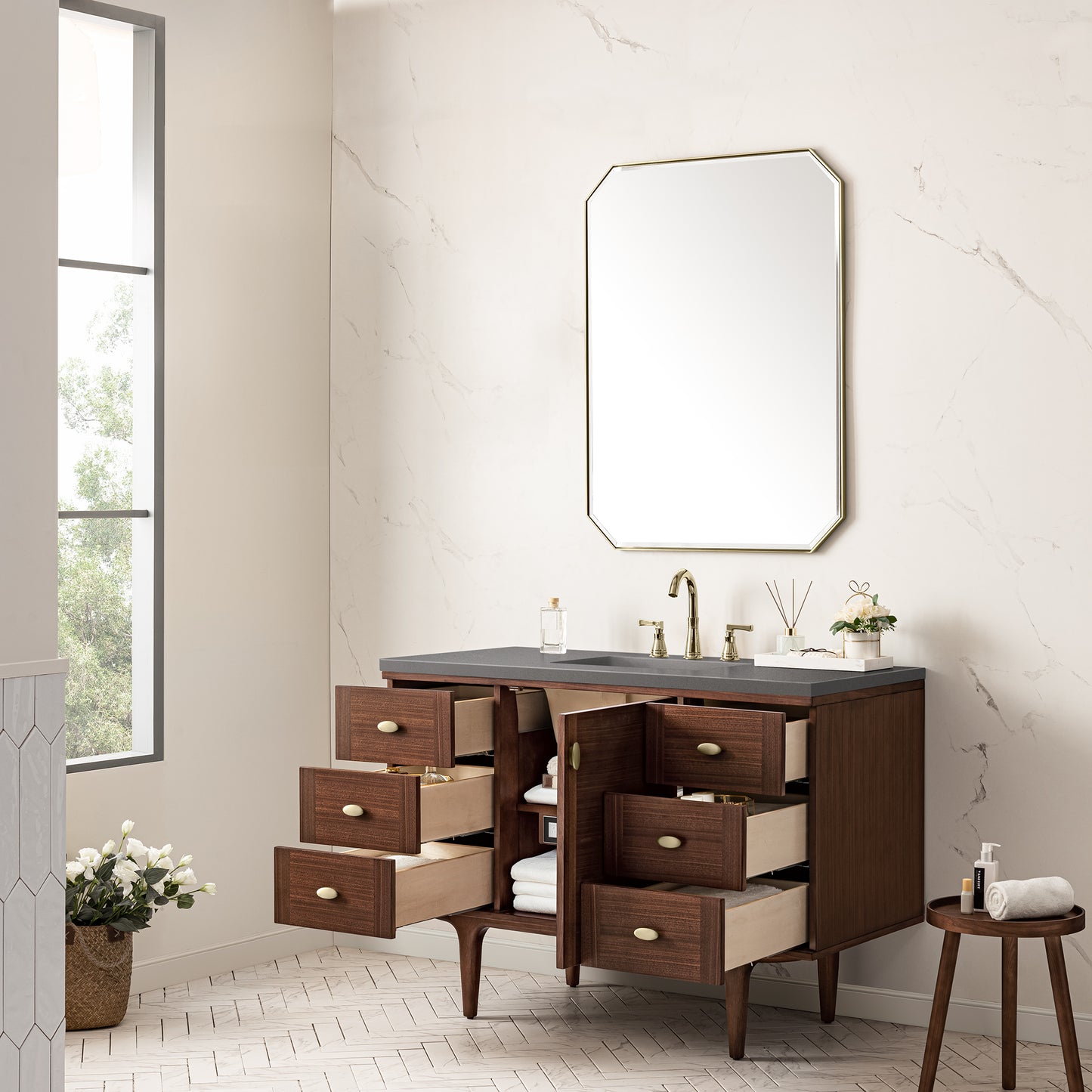 Amberly 48" Single Vanity, Mid-Century Walnut w/ 3 CM Grey Expo Top